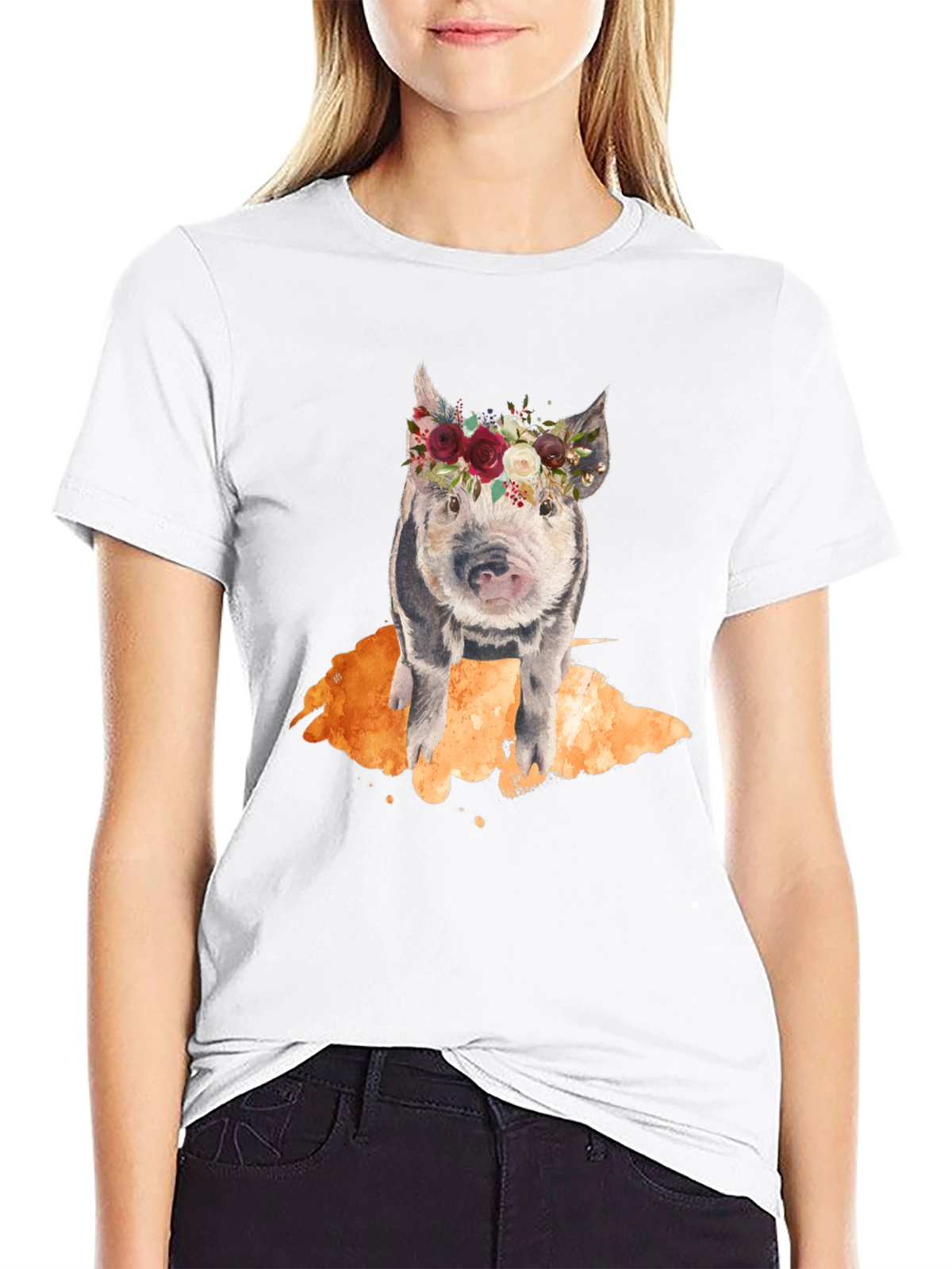 Floral Crown Pig Black T-Shirt