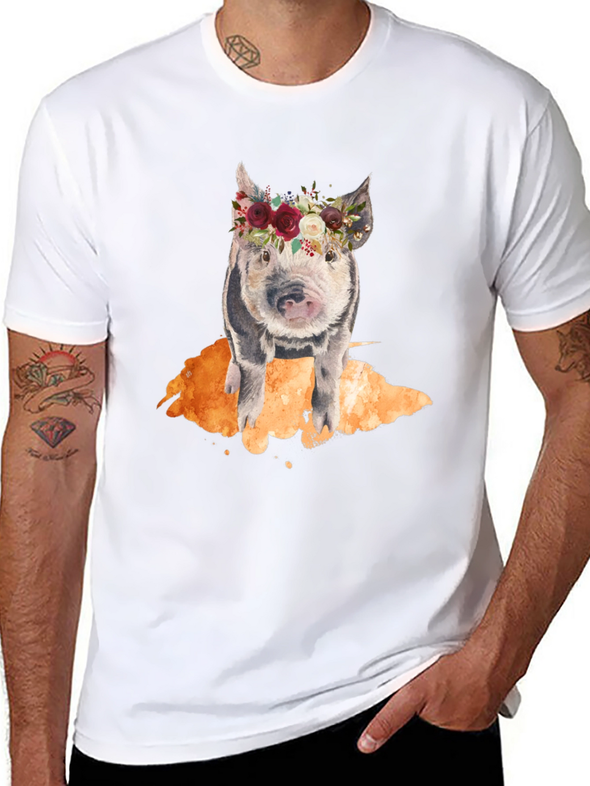 Floral Crown Pig Black T-Shirt