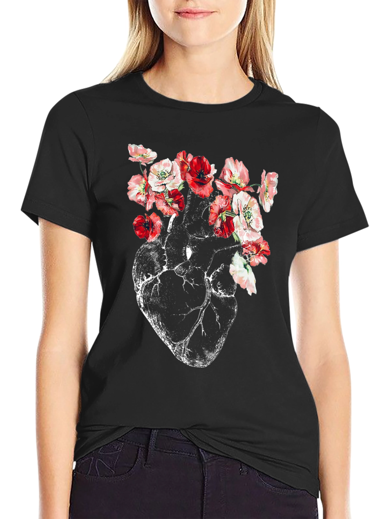 Floral Heart Anatomy T-Shirt - Artistic Graphic Tee