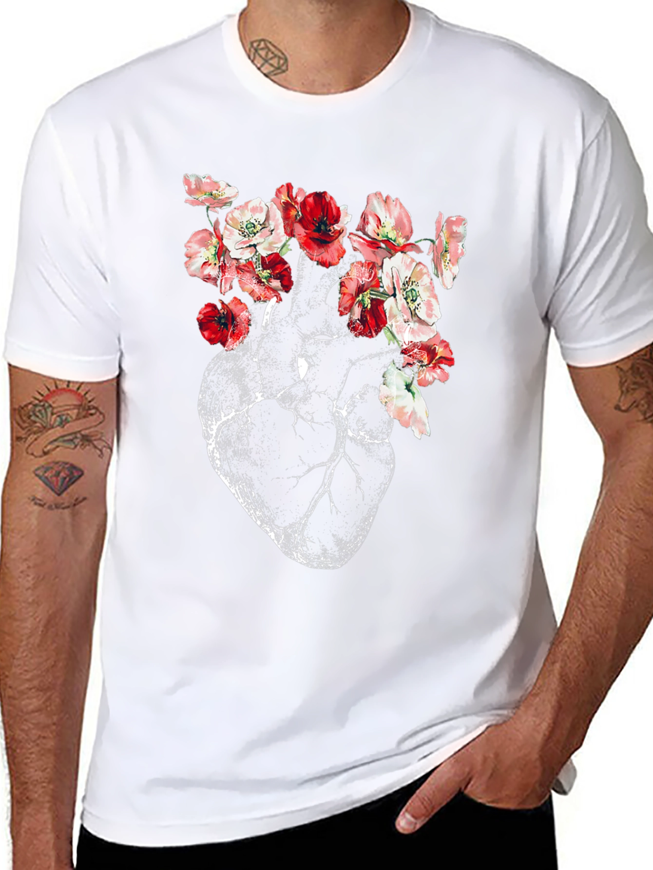 Floral Heart Anatomy T-Shirt - Artistic Graphic Tee