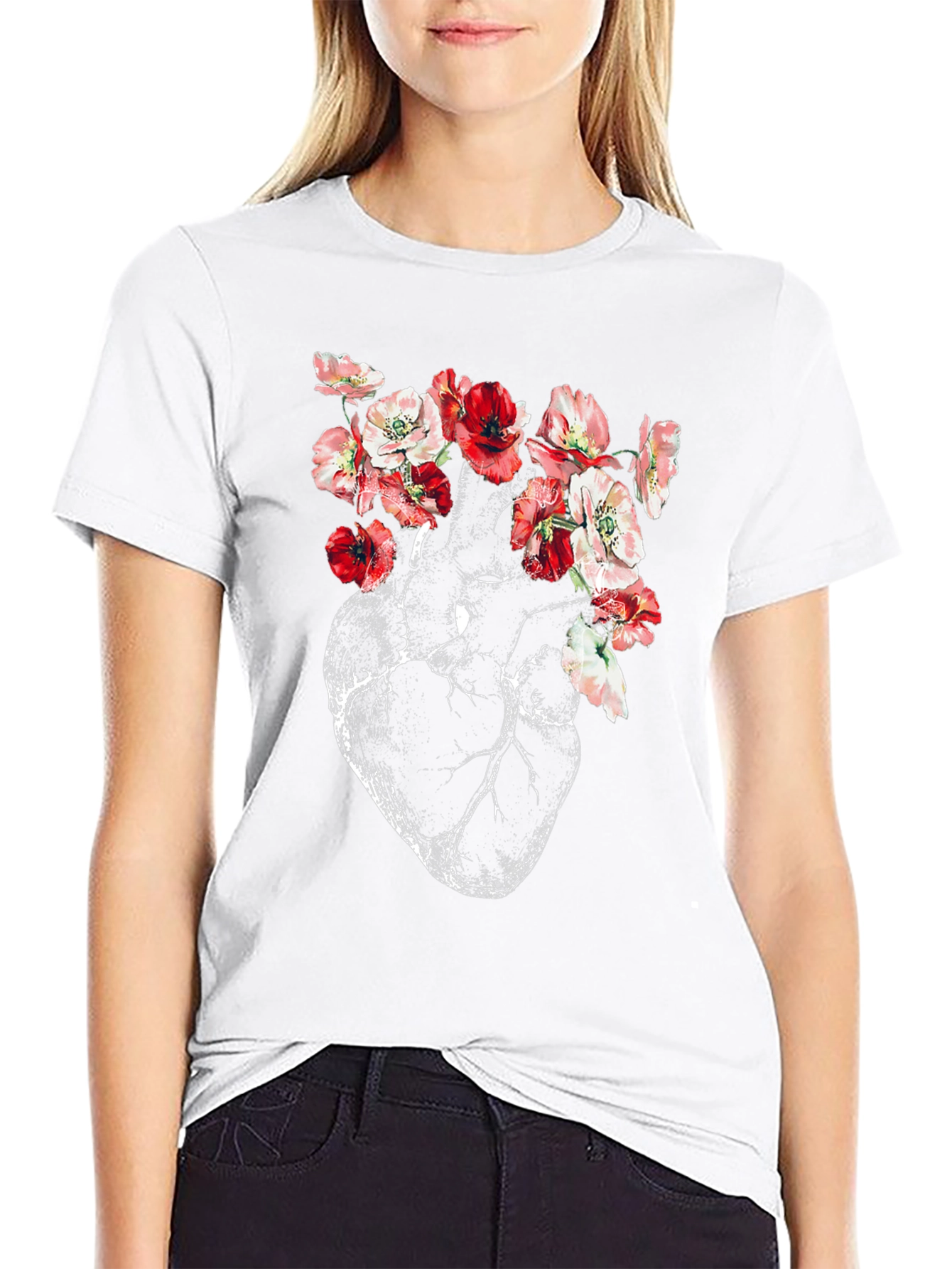 Floral Heart Anatomy T-Shirt - Artistic Graphic Tee