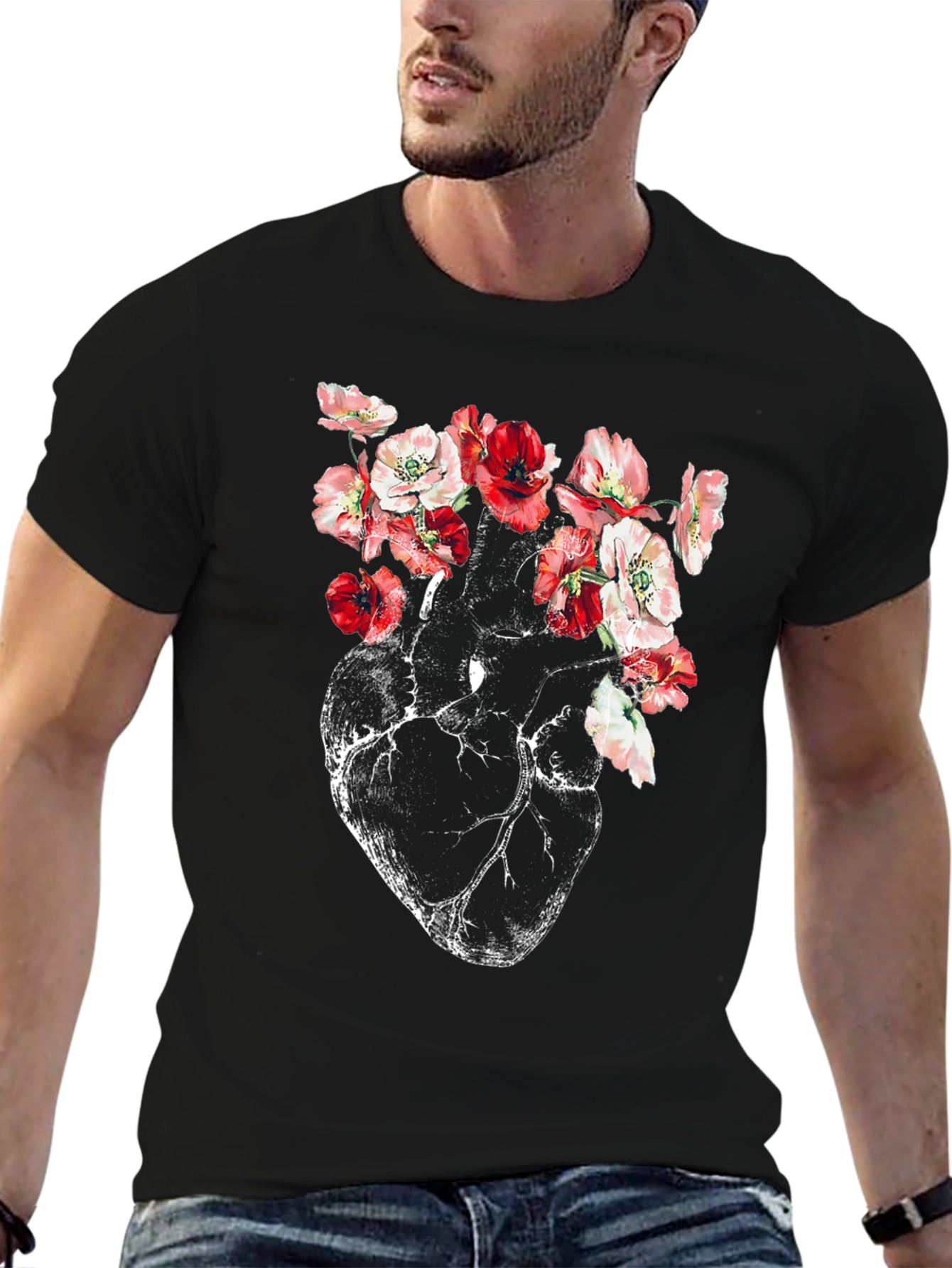 Floral Heart Anatomy T-Shirt - Artistic Graphic Tee