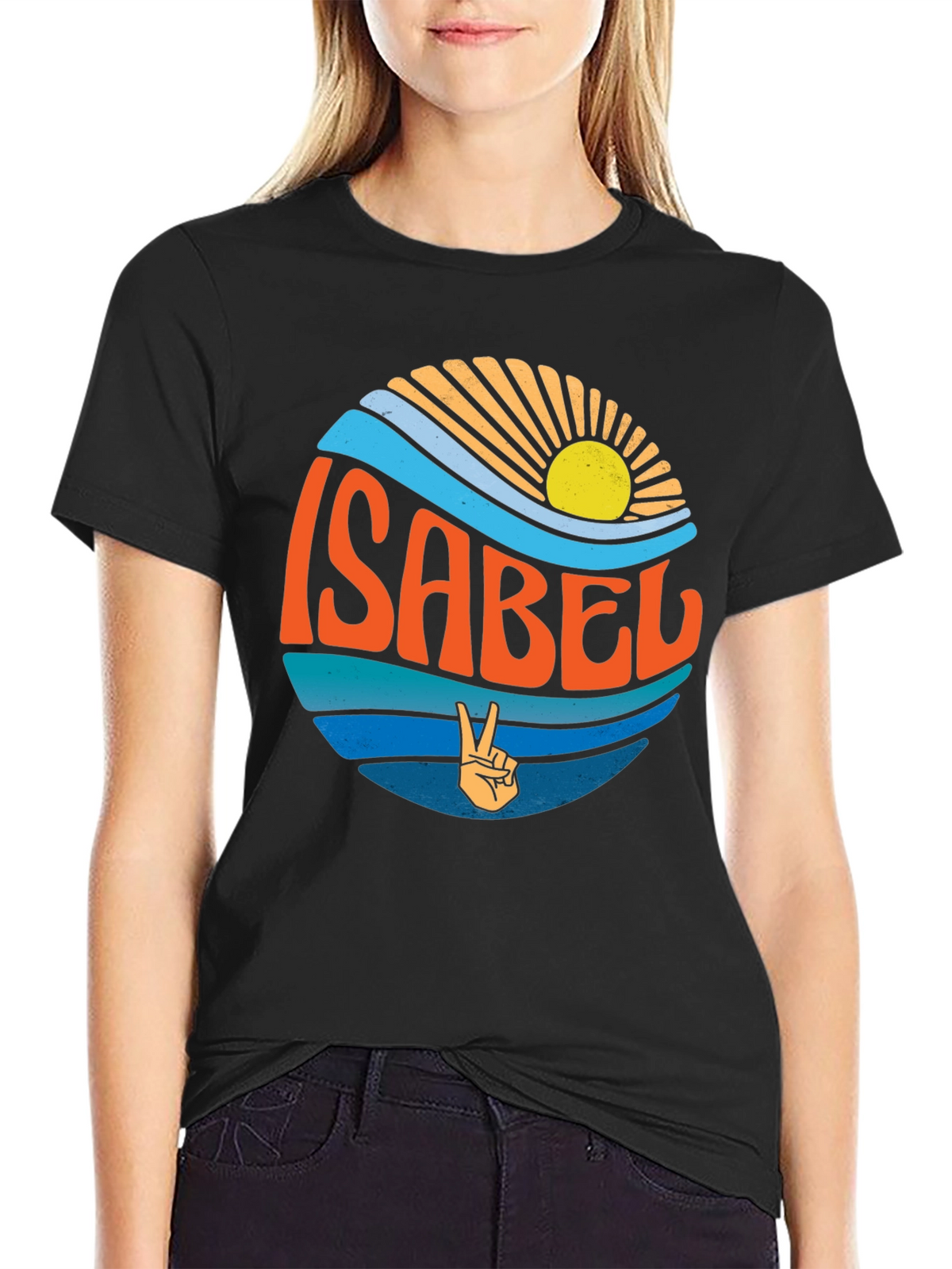 Isabel Peace Sign Wave Graphic Black T-Shirt
