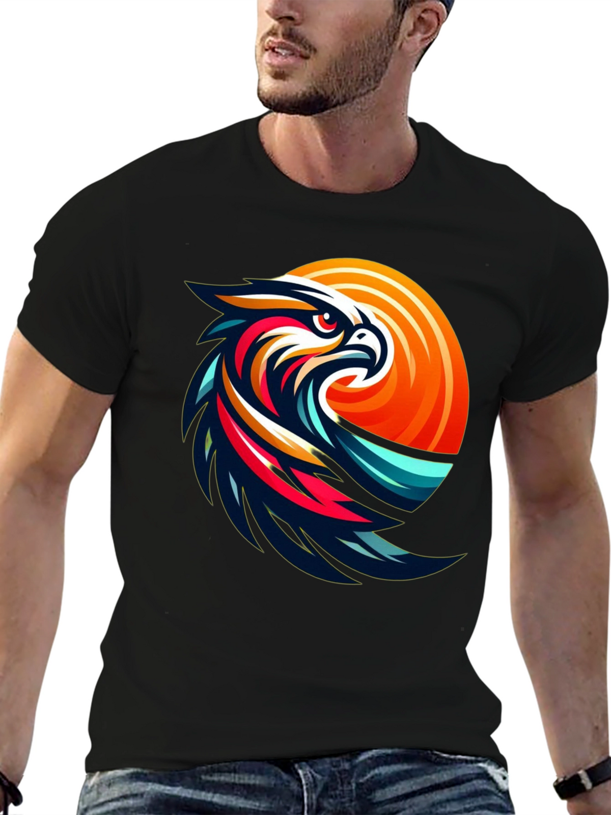 Mens Black T-Shirt with Eagle Graphic