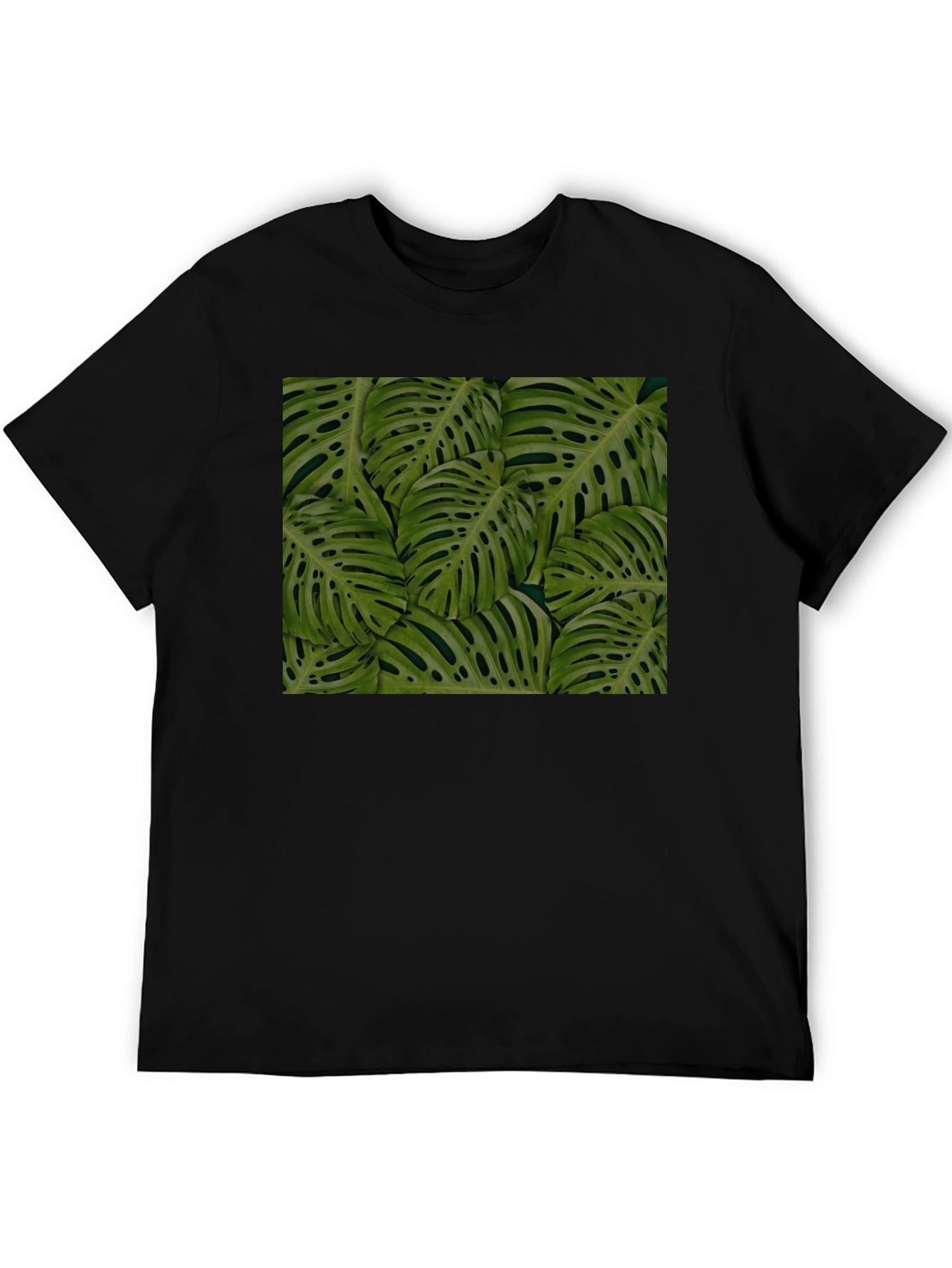 Tropical Monstera Leaf Print Black T-Shirt