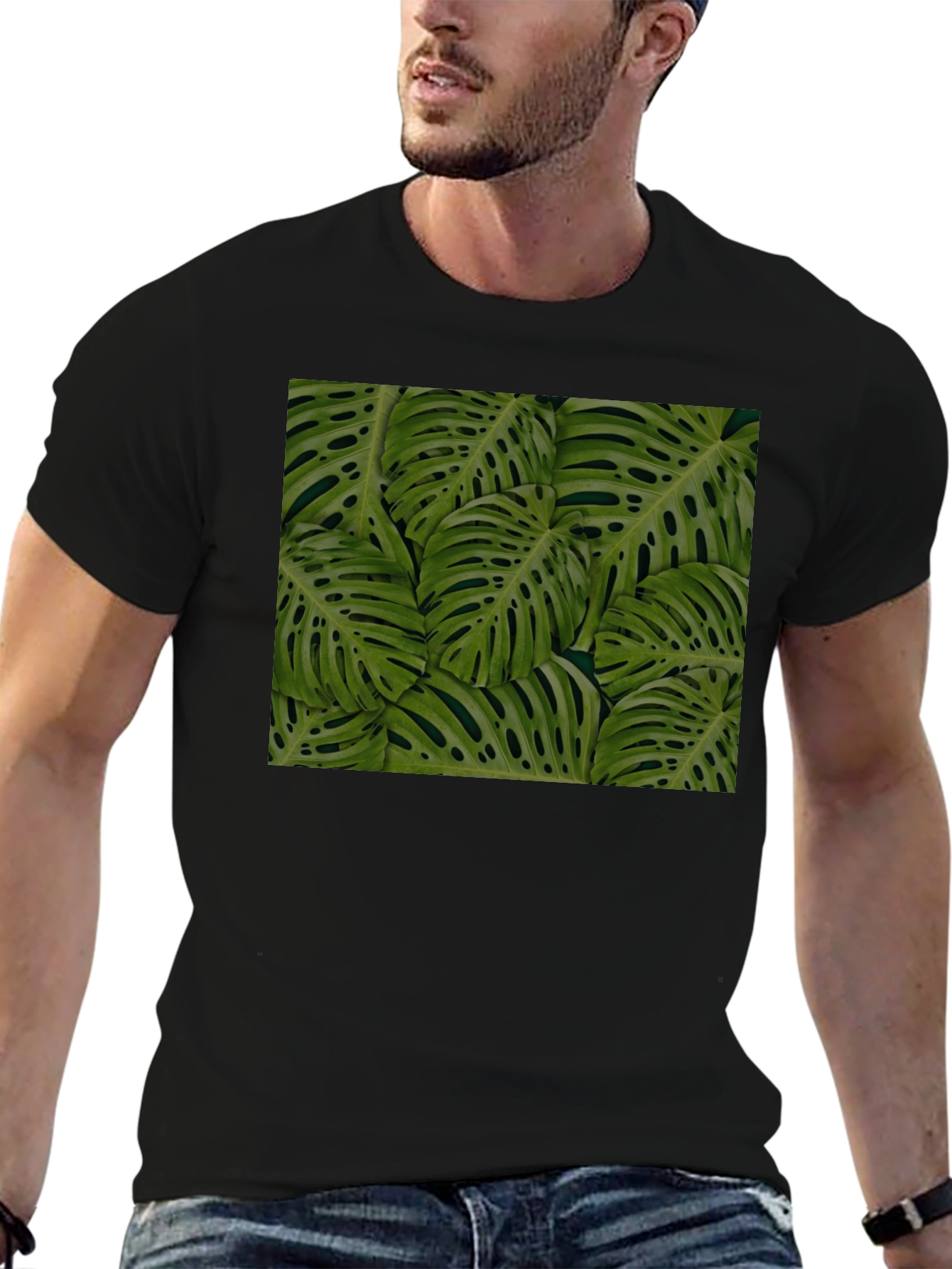 Tropical Monstera Leaf Print Black T-Shirt