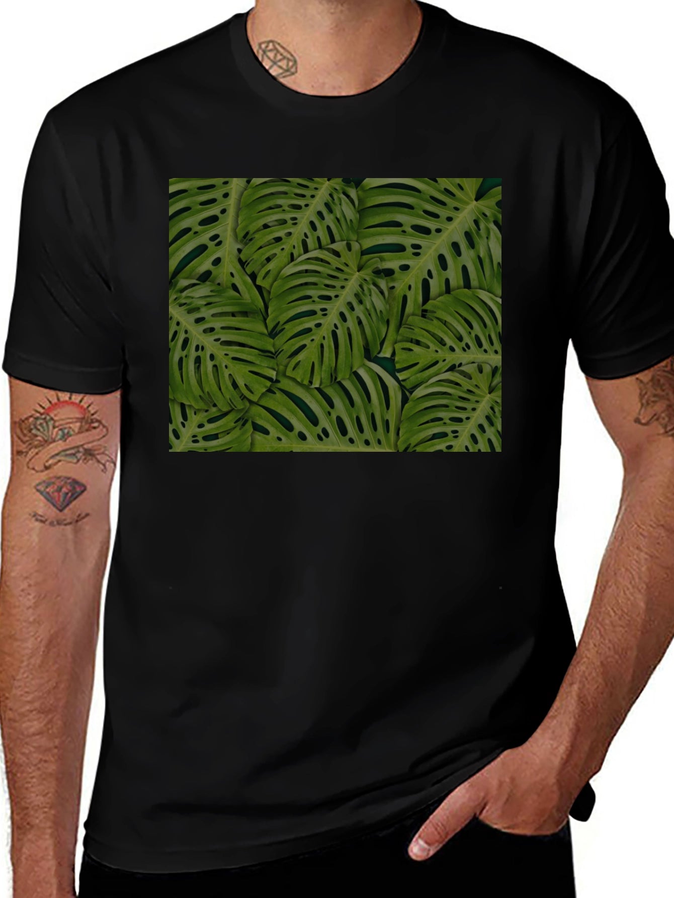 Tropical Monstera Leaf Print Black T-Shirt