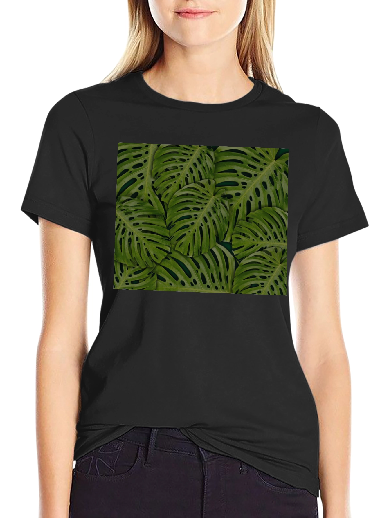 Tropical Monstera Leaf Print Black T-Shirt