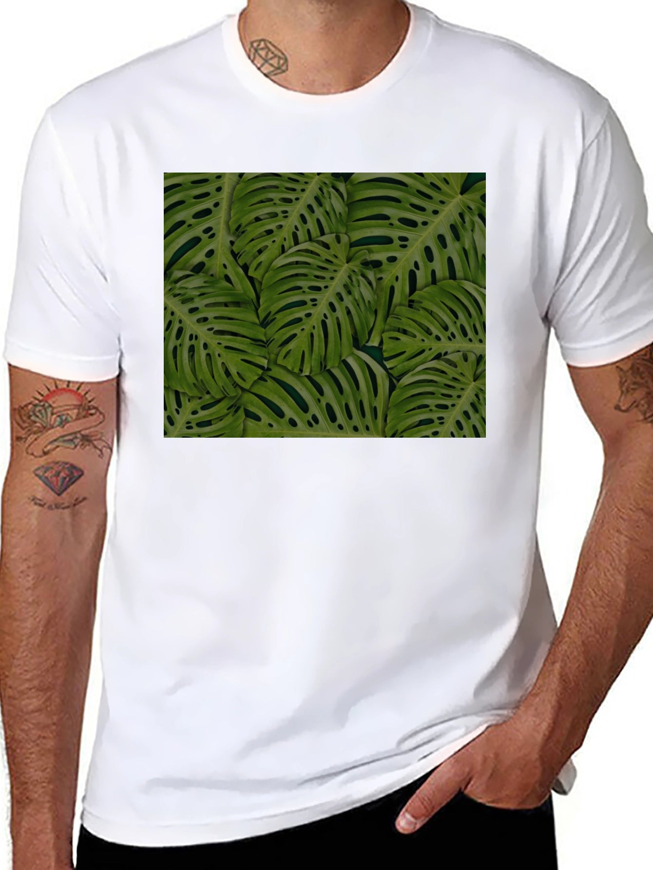 Tropical Monstera Leaf Print Black T-Shirt