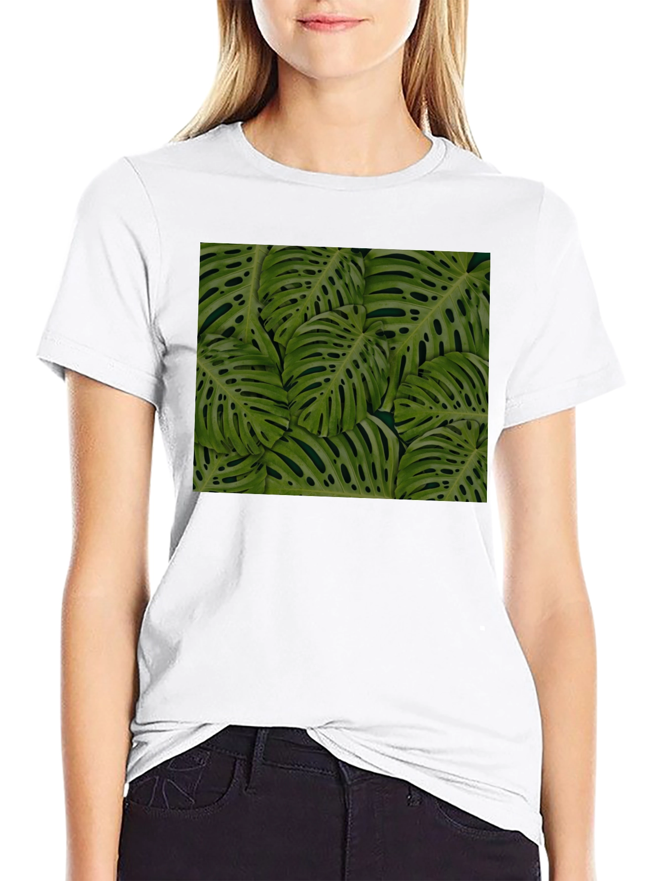 Tropical Monstera Leaf Print Black T-Shirt