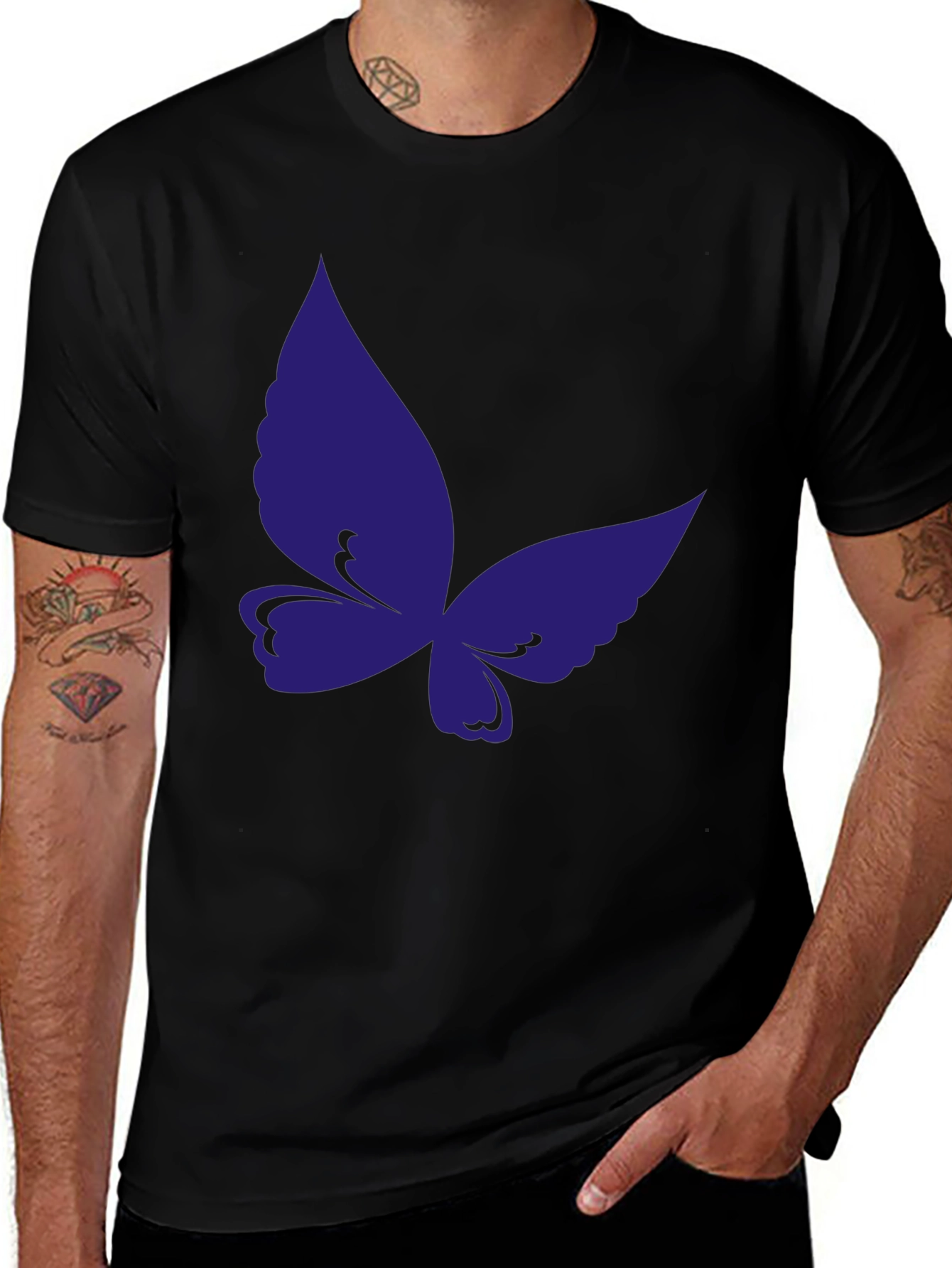 Butterfly Graphic Tee - Black Cotton Casual T-Shirt