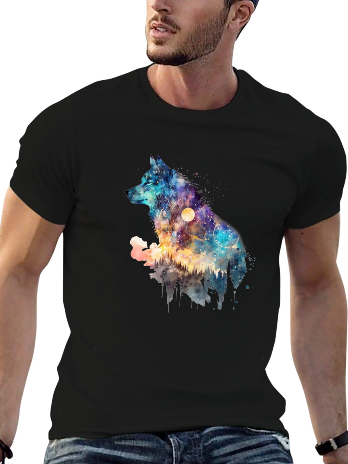 Galaxy Wolf Graphic Tee - Mens Black T-Shirt