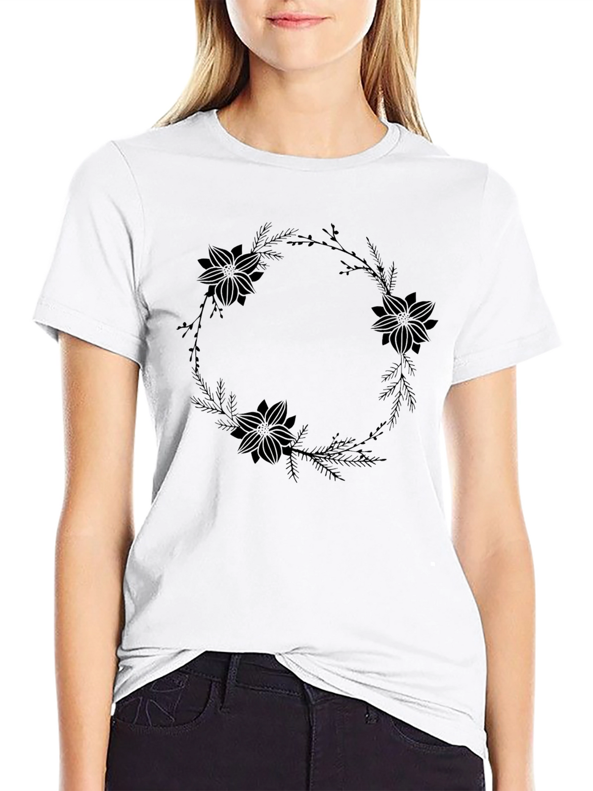Floral Wreath Graphic Black T-Shirt