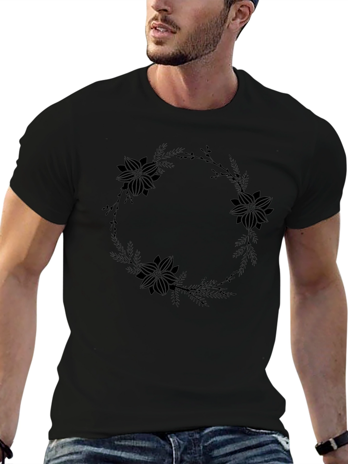 Floral Wreath Graphic Black T-Shirt