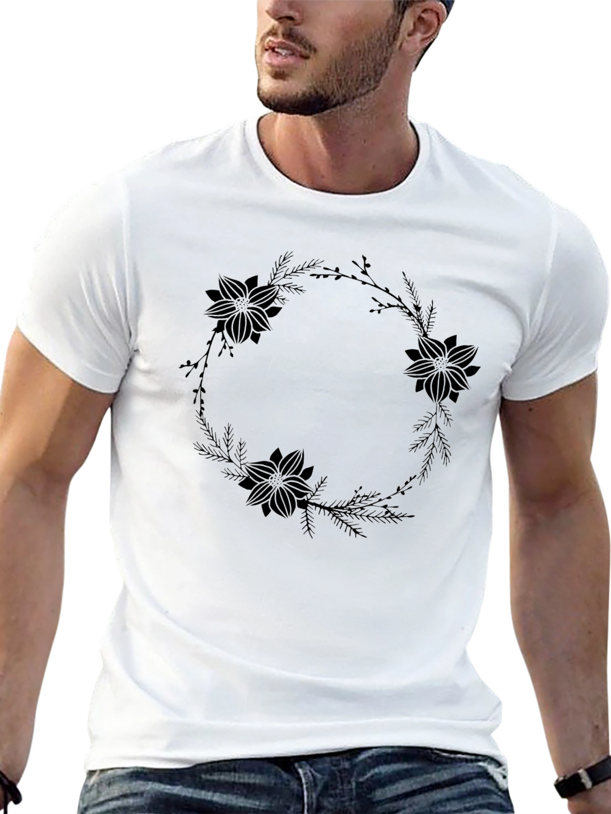 Floral Wreath Graphic Black T-Shirt