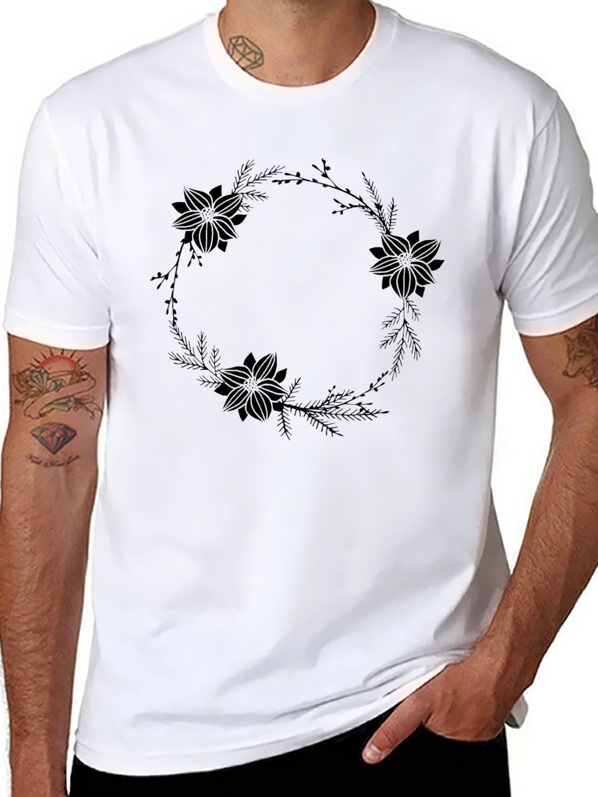 Floral Wreath Graphic Black T-Shirt