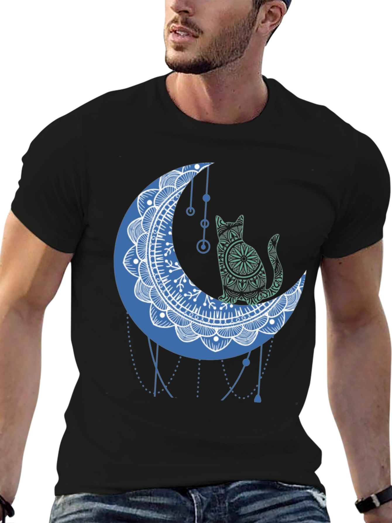 Cat on Moon Graphic Tee - Black