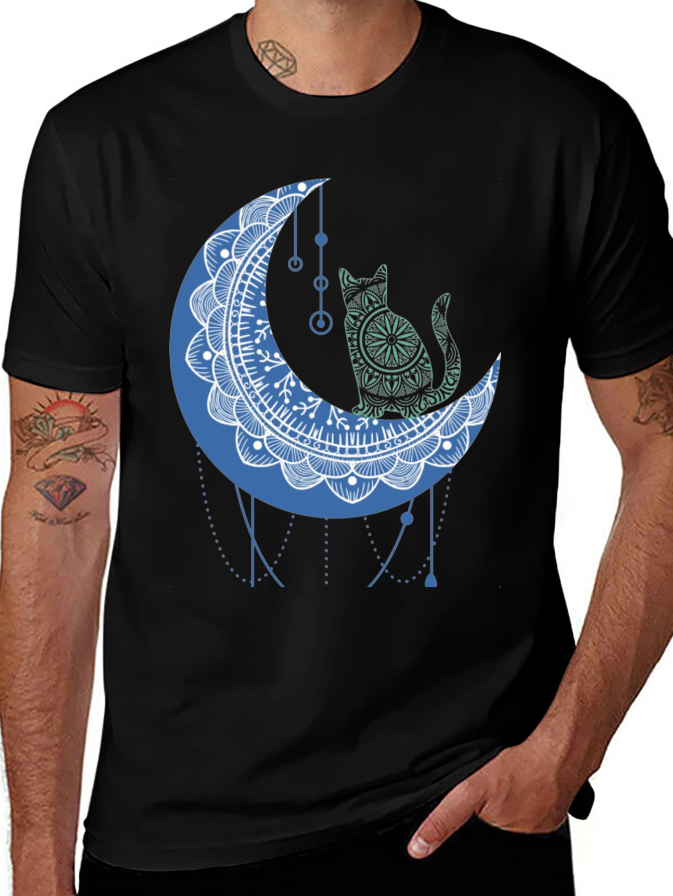 Cat on Moon Graphic Tee - Black