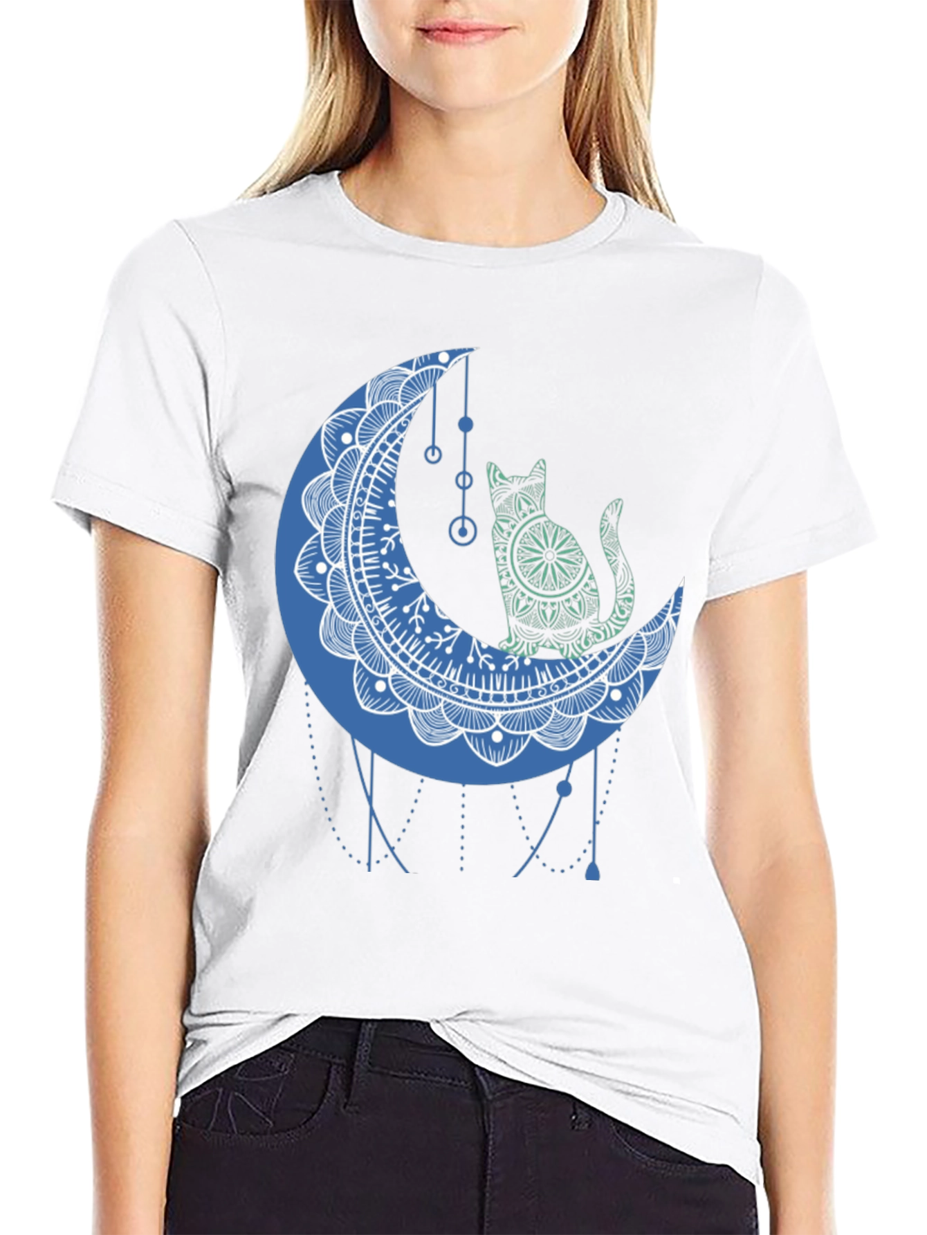 Cat on Moon Graphic Tee - Black