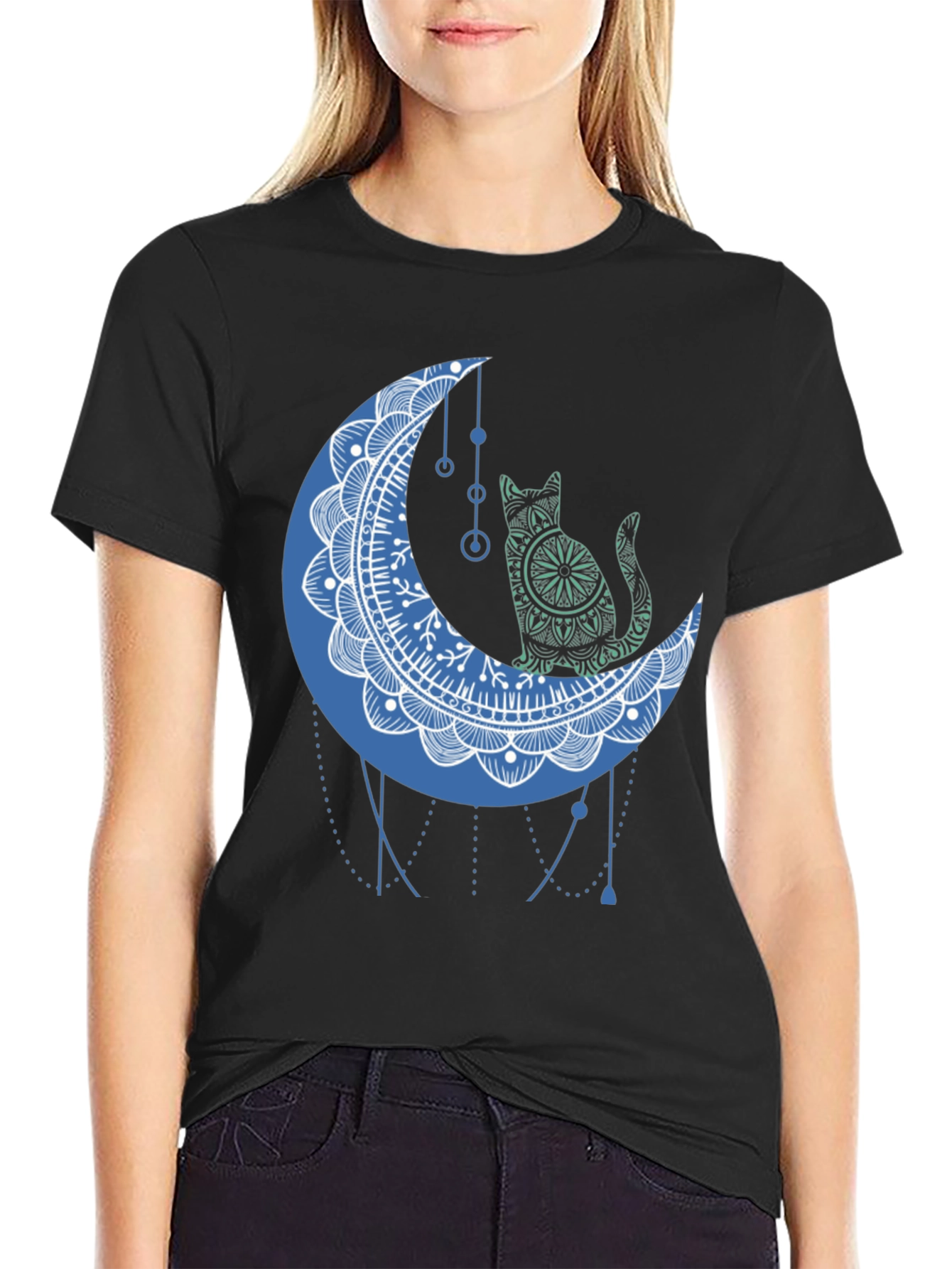 Cat on Moon Graphic Tee - Black