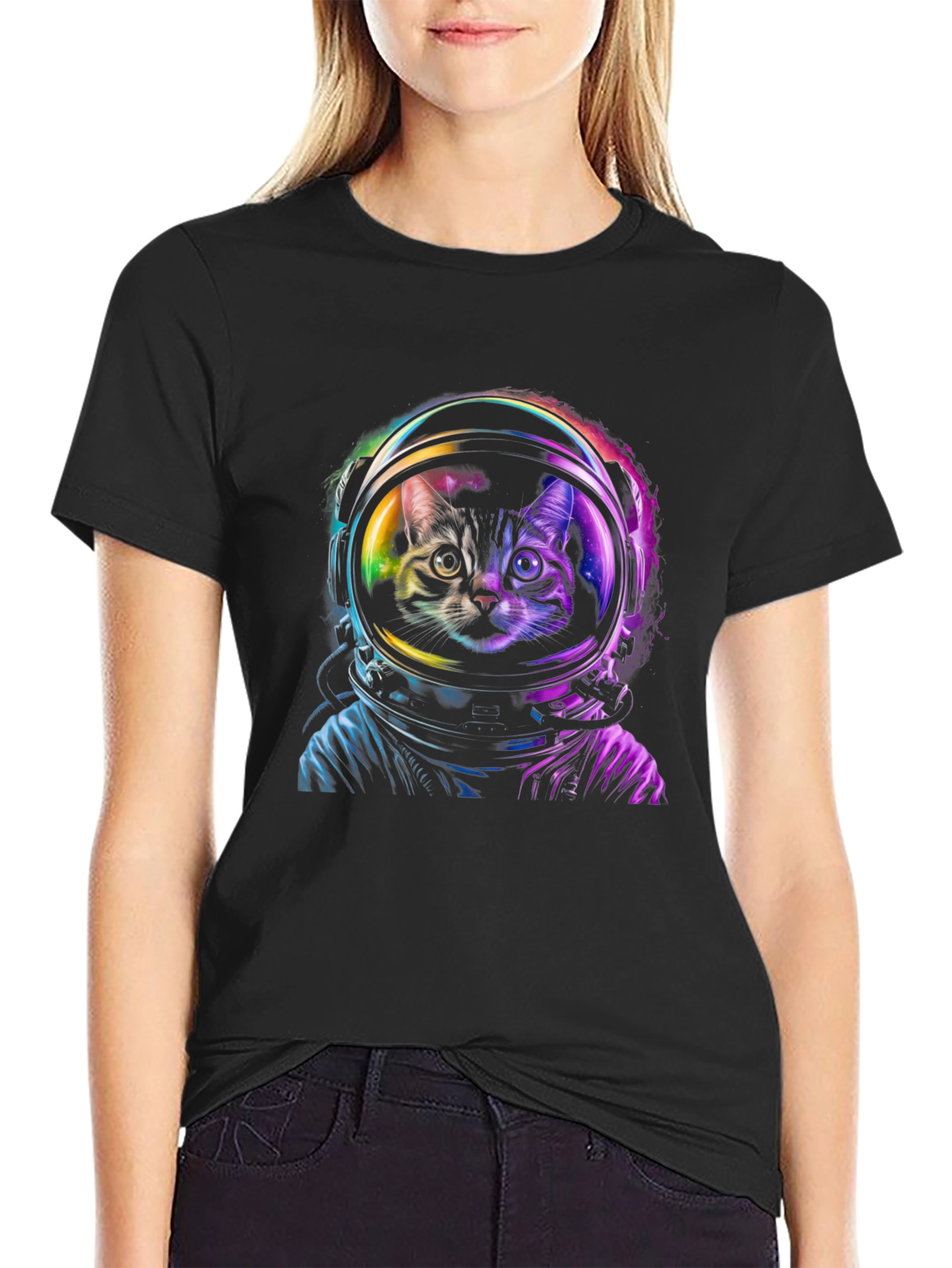 Astronaut Cat Graphic Black T-Shirt