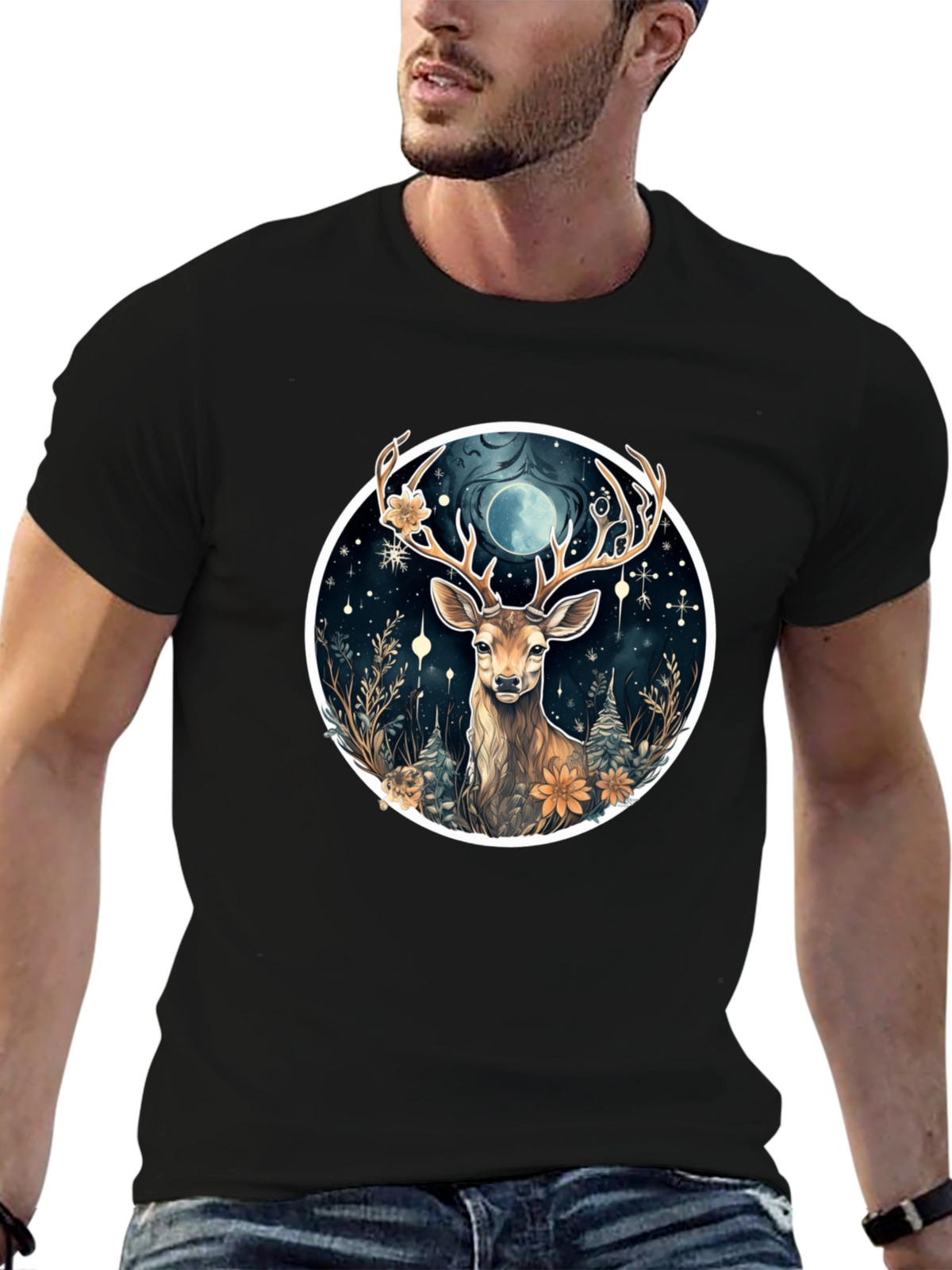 Mystic Deer Graphic Tee - Black Cotton
