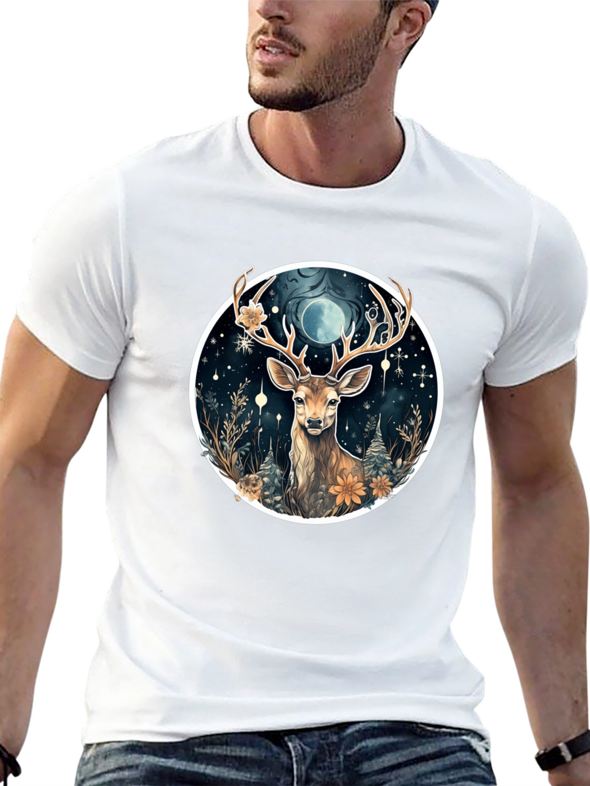 Mystic Deer Graphic Tee - Black Cotton