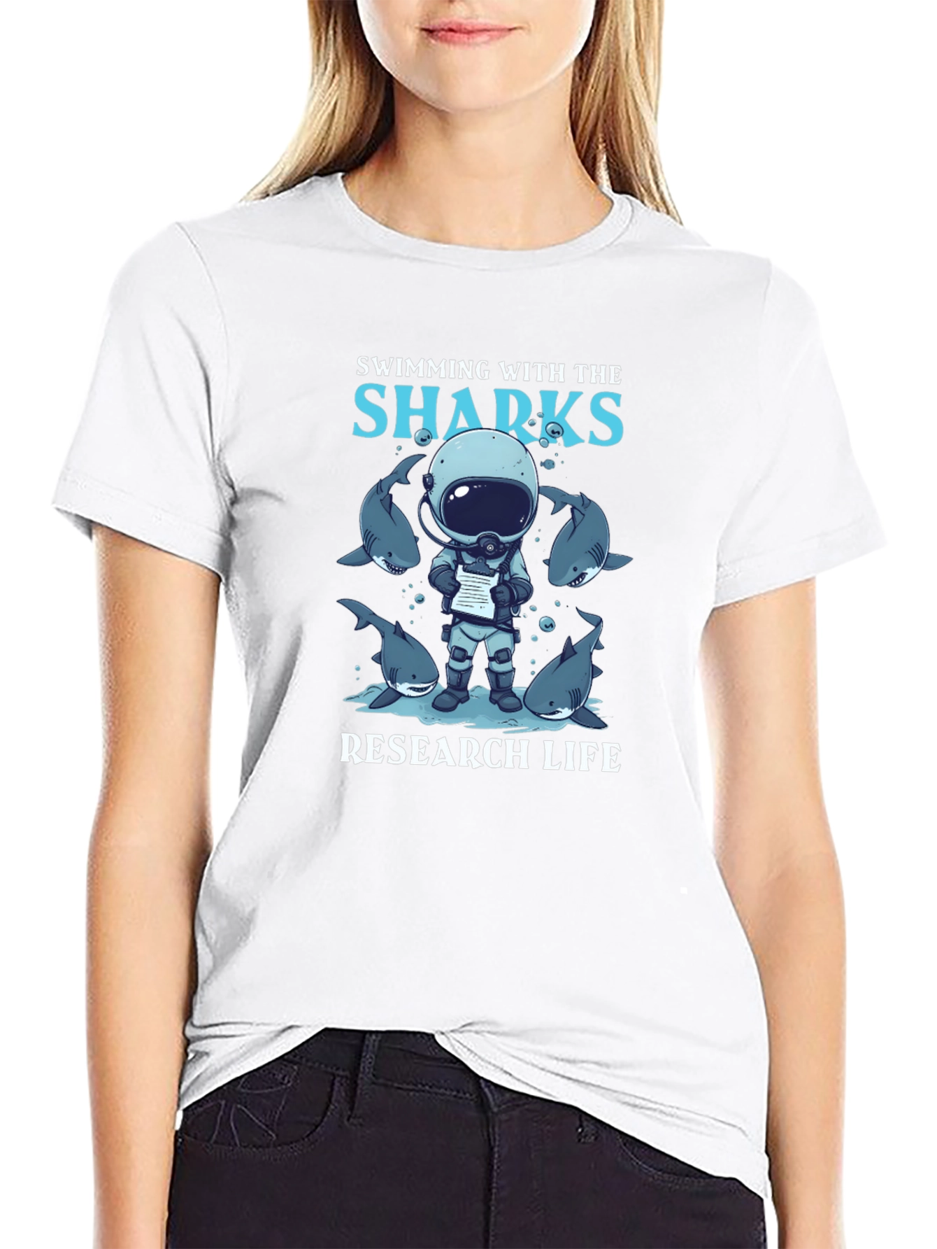 Swimming with Sharks Research Life Black T-Shirt