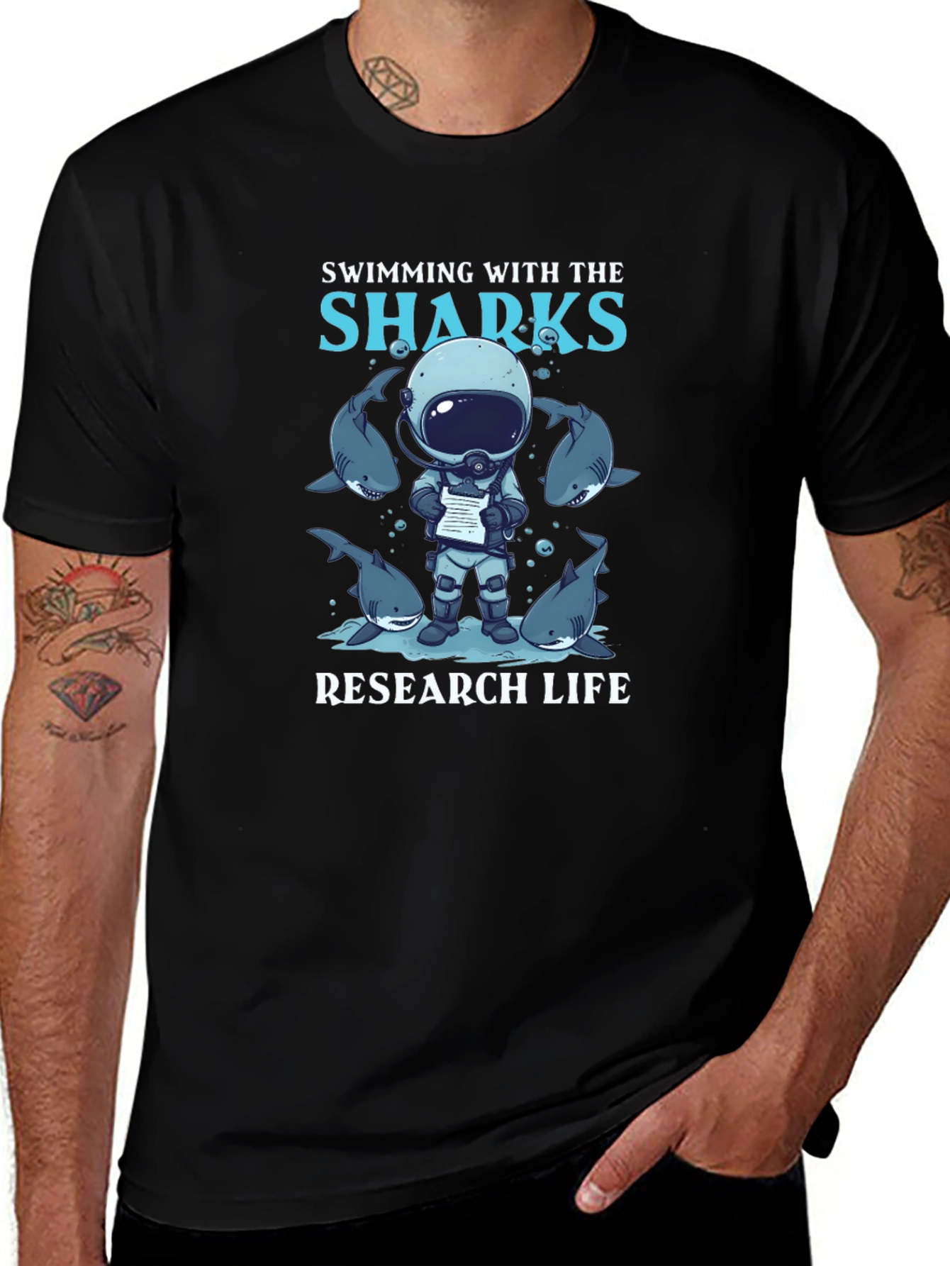 Swimming with Sharks Research Life Black T-Shirt