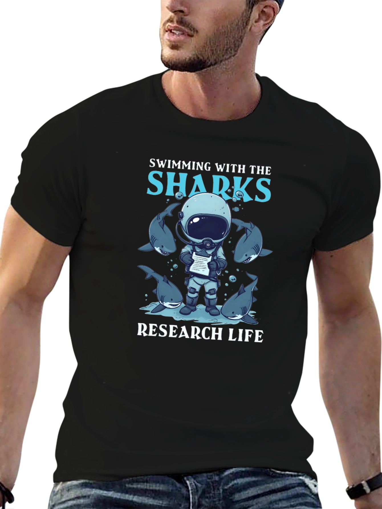 Swimming with Sharks Research Life Black T-Shirt