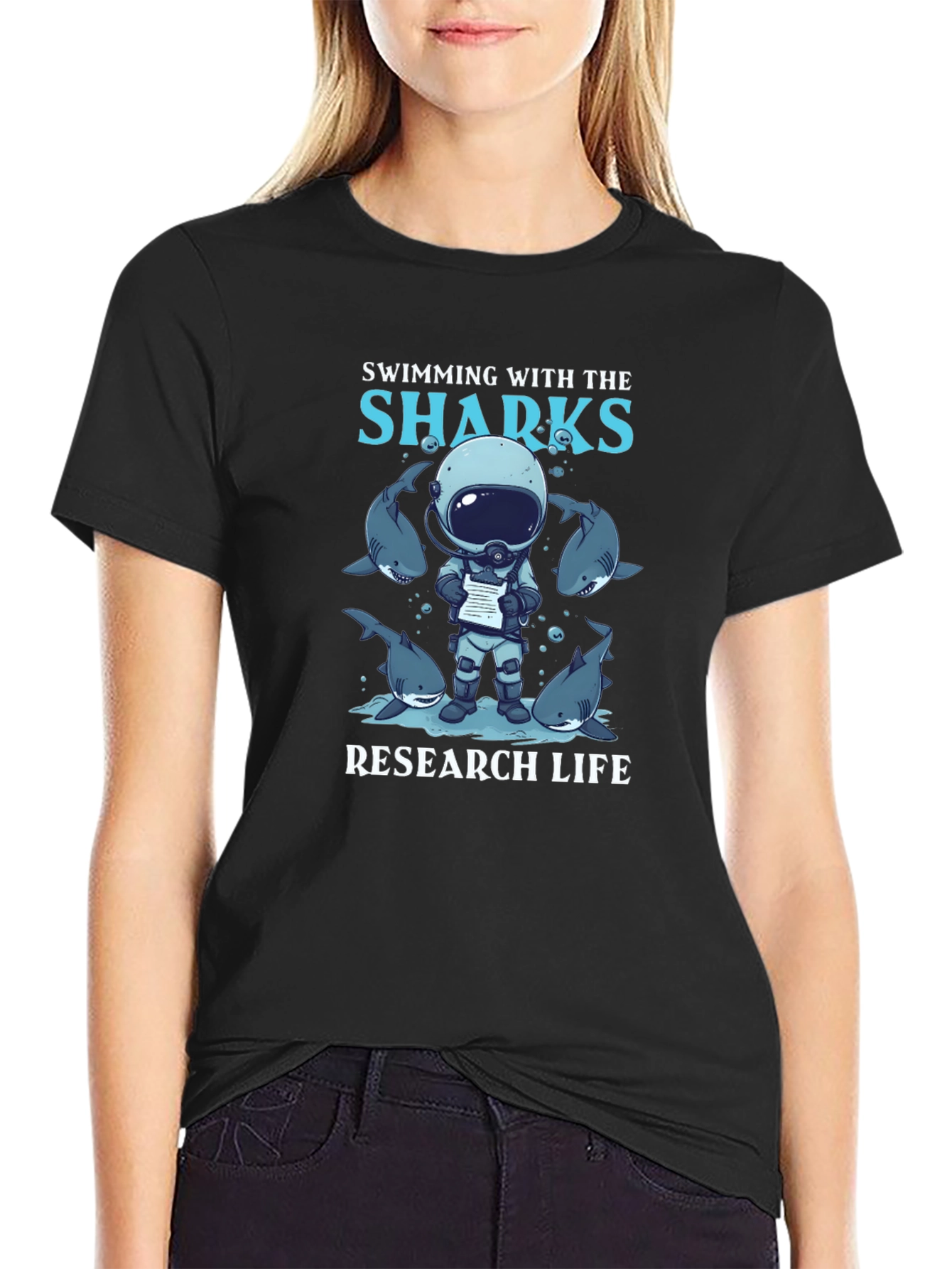 Swimming with Sharks Research Life Black T-Shirt