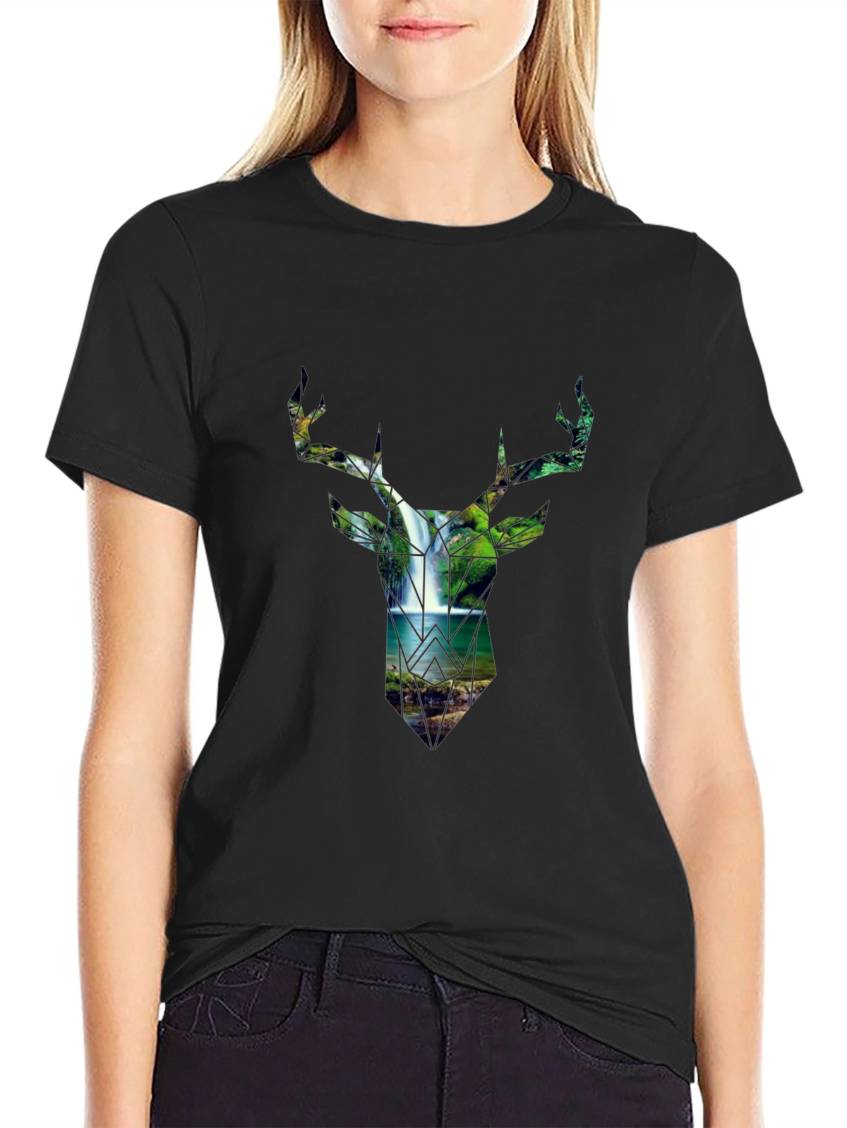 Deer Silhouette Waterfall Graphic Tee - Nature Lovers Shirt
