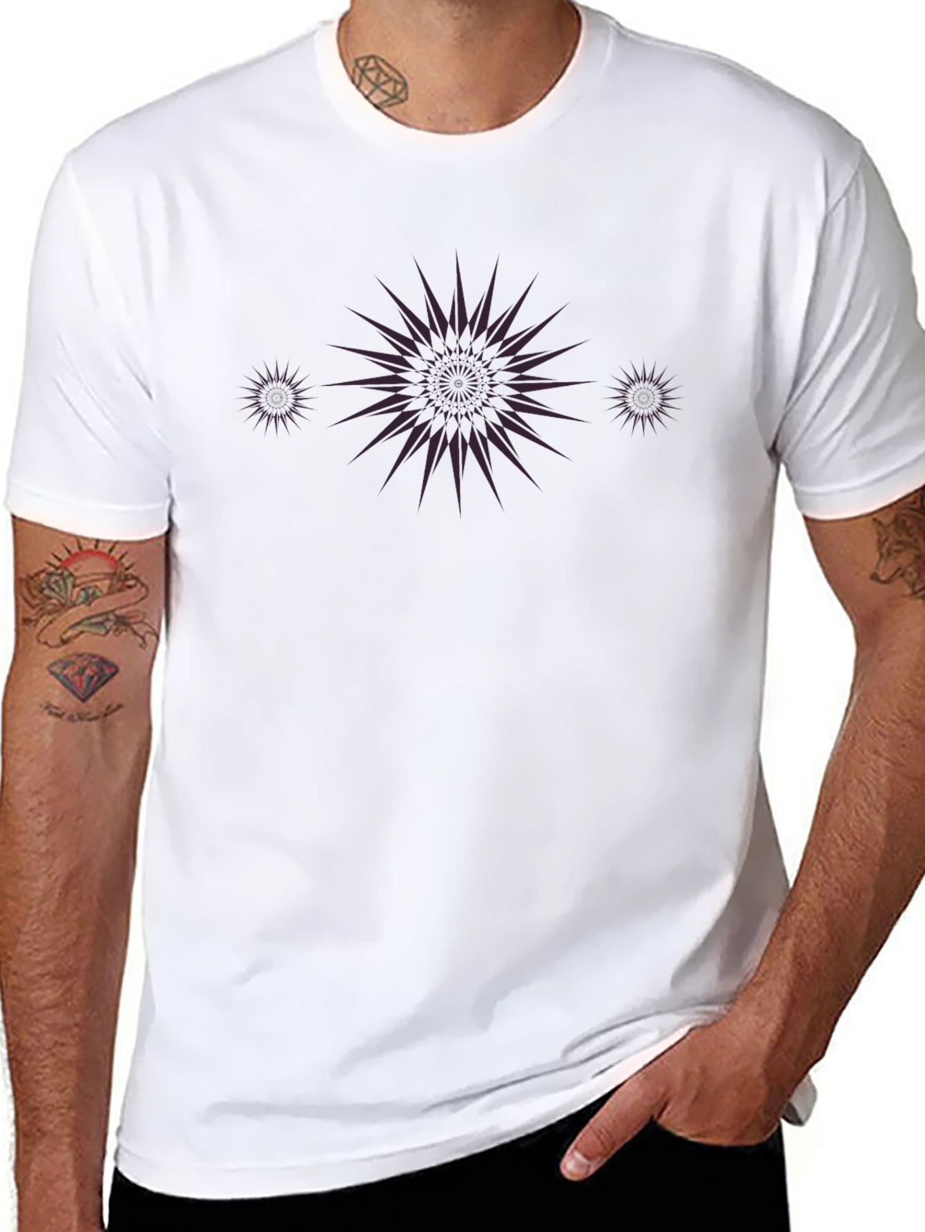 Stylish Black Tee with Purple Starburst Design