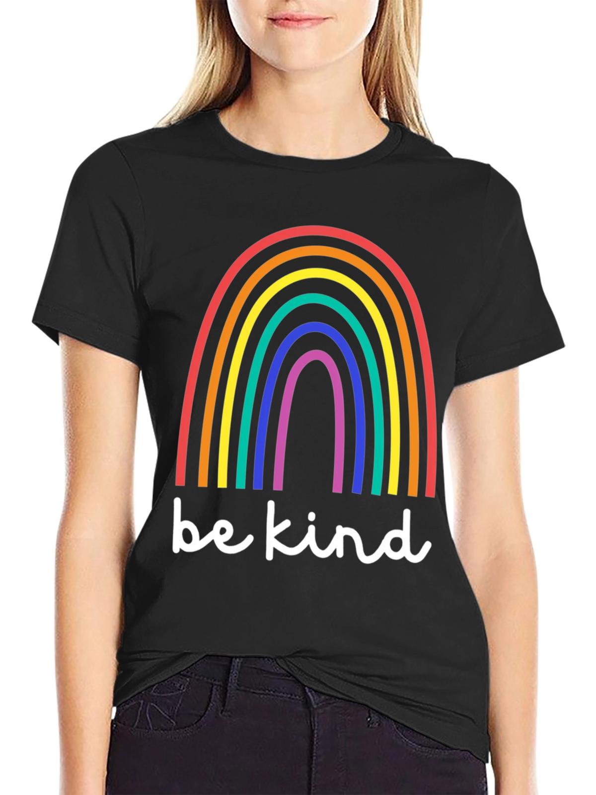 Be Kind Rainbow T-Shirt - Black Cotton Blend