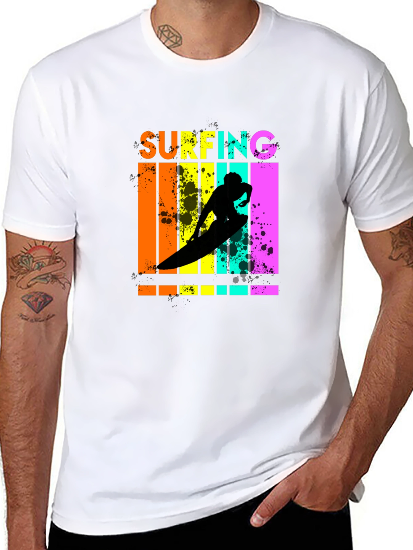 Retro Surfing Graphic Tee - Black Cotton T-Shirt
