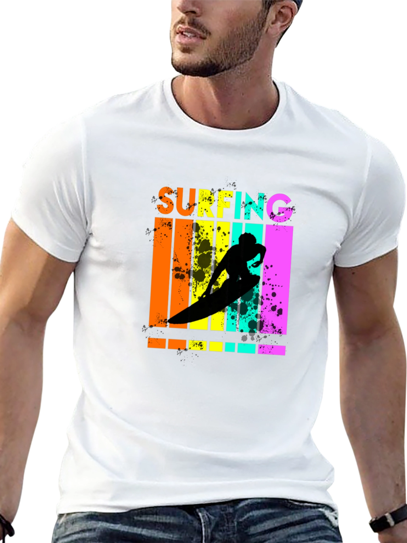 Retro Surfing Graphic Tee - Black Cotton T-Shirt