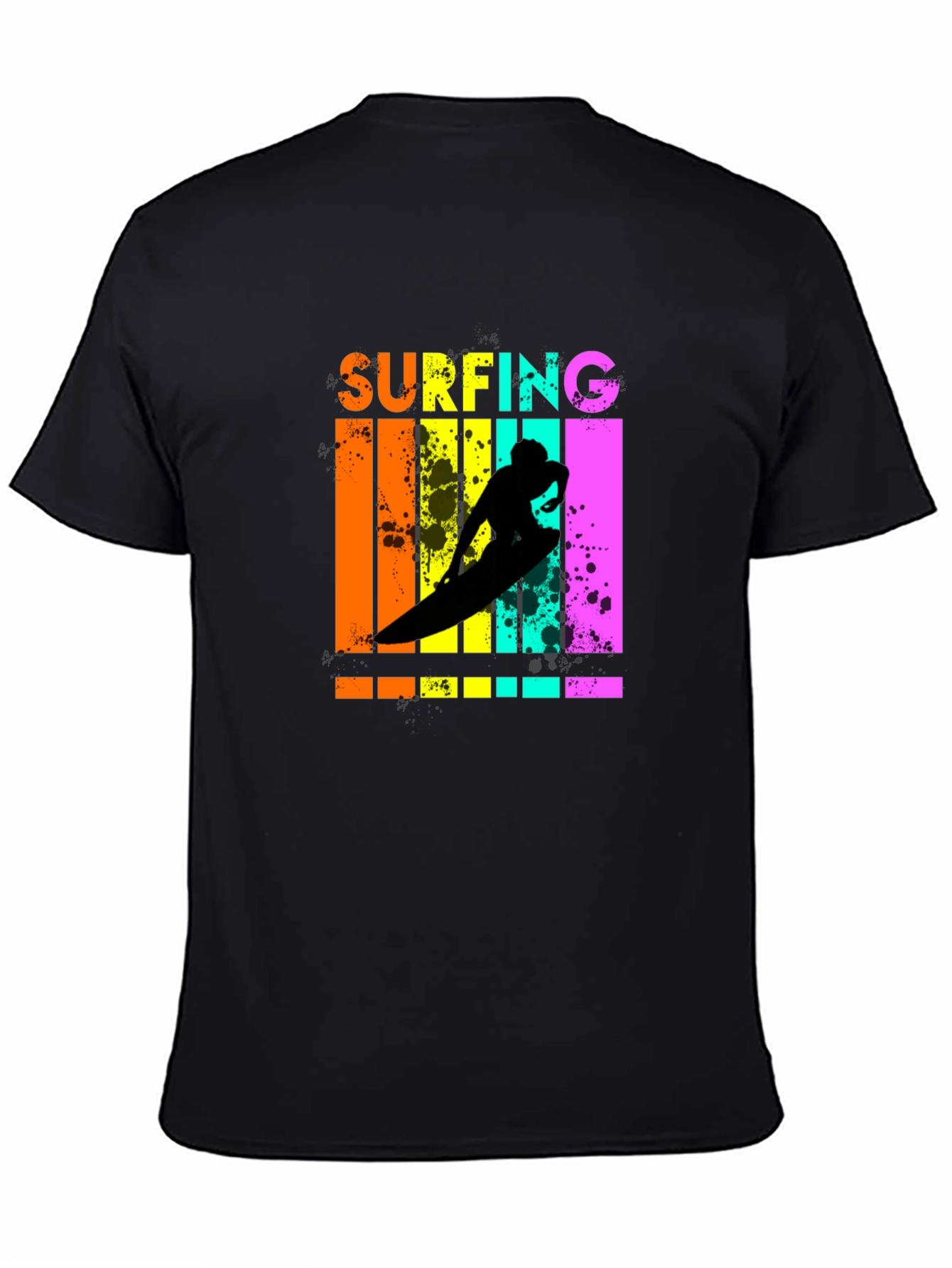 Retro Surfing Graphic Tee - Black Cotton T-Shirt
