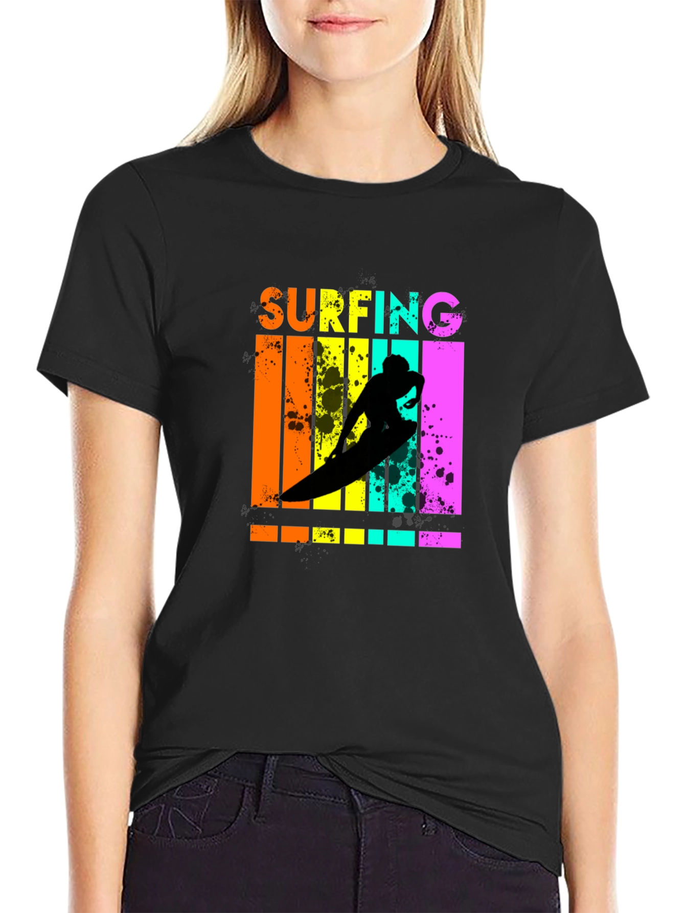 Retro Surfing Graphic Tee - Black Cotton T-Shirt