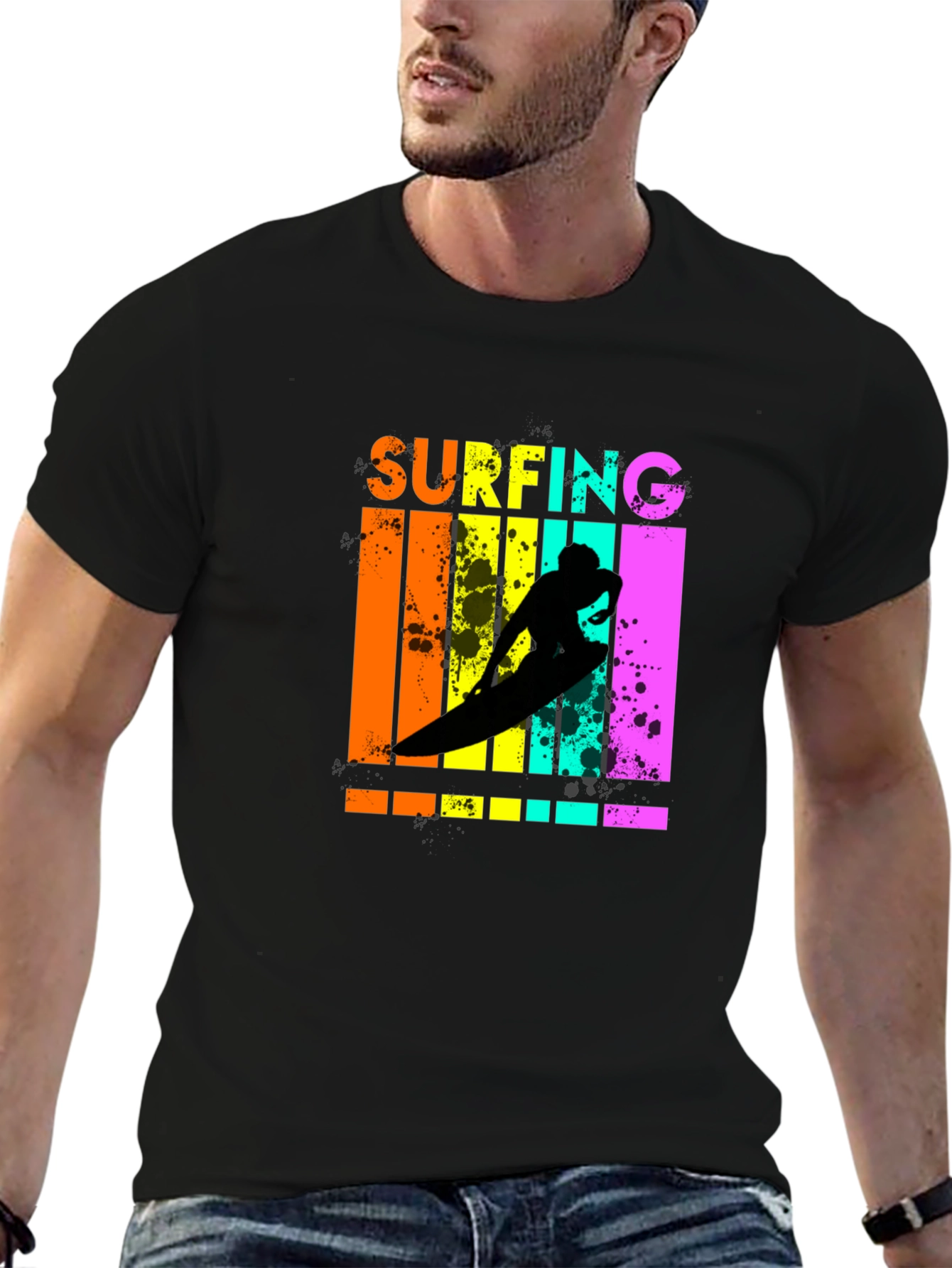 Retro Surfing Graphic Tee - Black Cotton T-Shirt