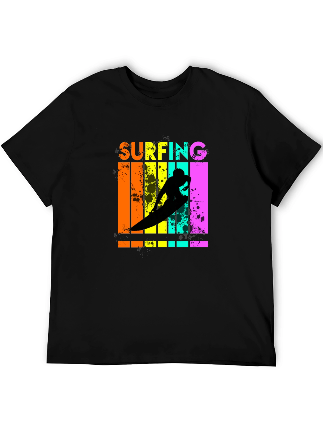 Retro Surfing Graphic Tee - Black Cotton T-Shirt