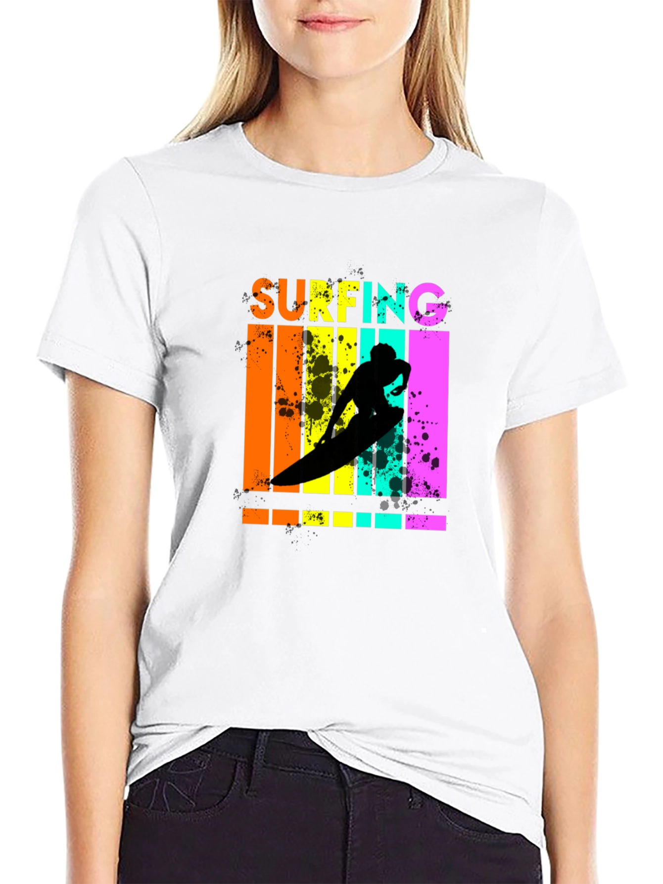 Retro Surfing Graphic Tee - Black Cotton T-Shirt