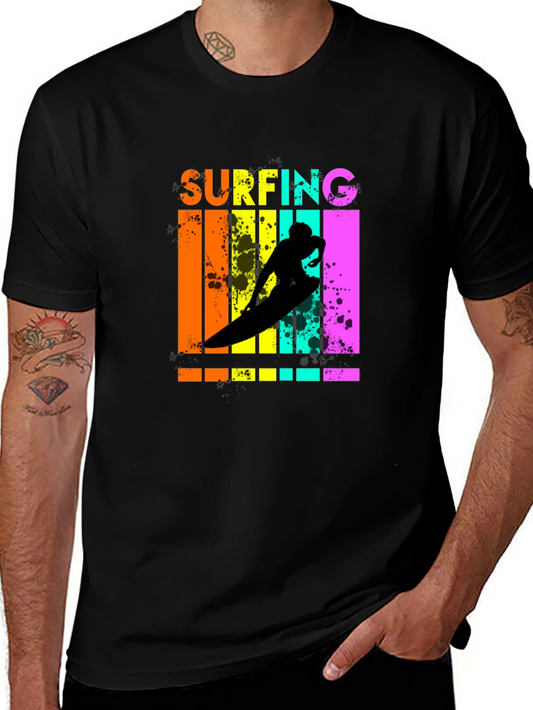 Retro Surfing Graphic Tee - Black Cotton T-Shirt