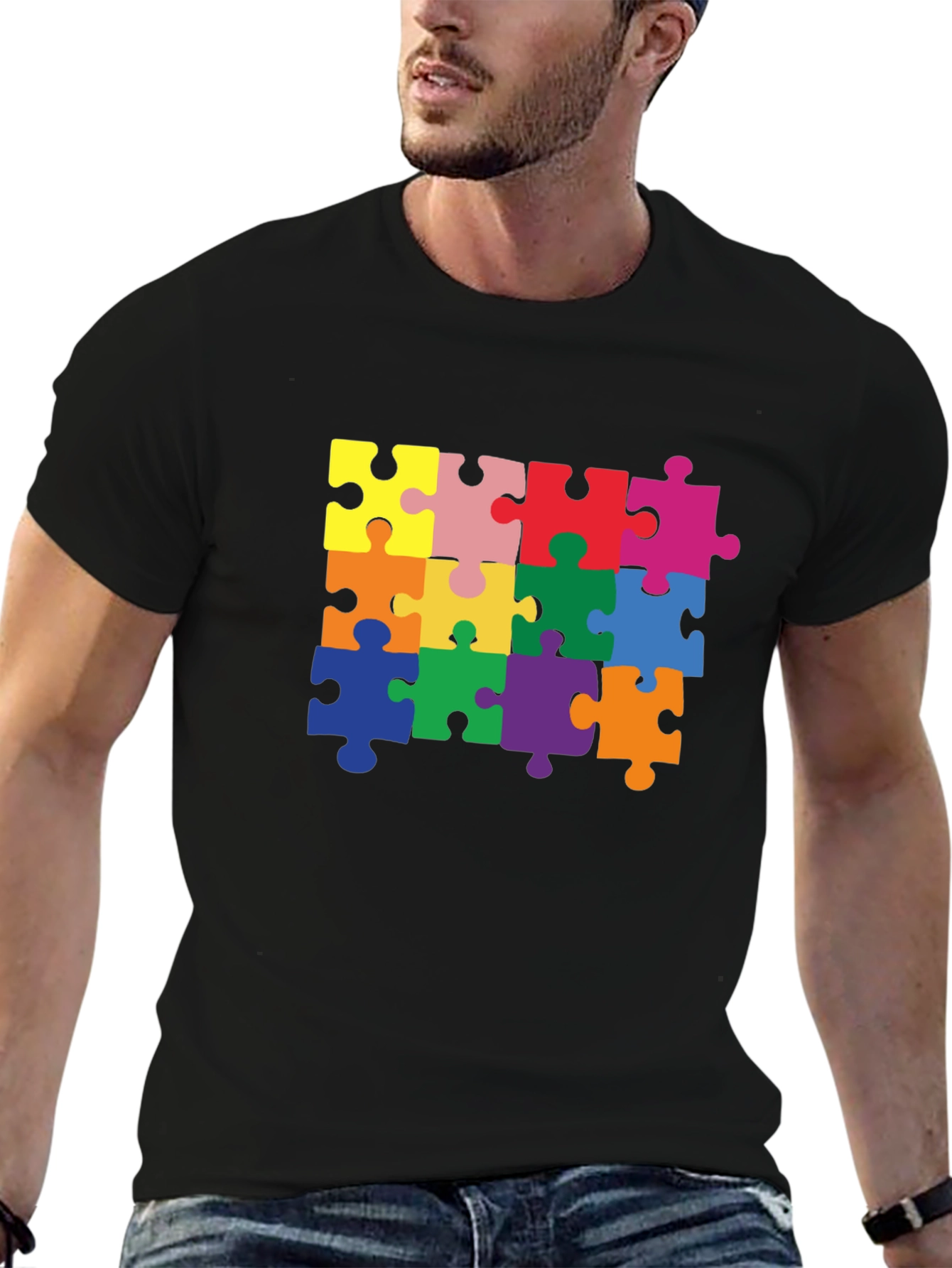 Puzzle Piece Graphic Tee - Black Cotton T-Shirt
