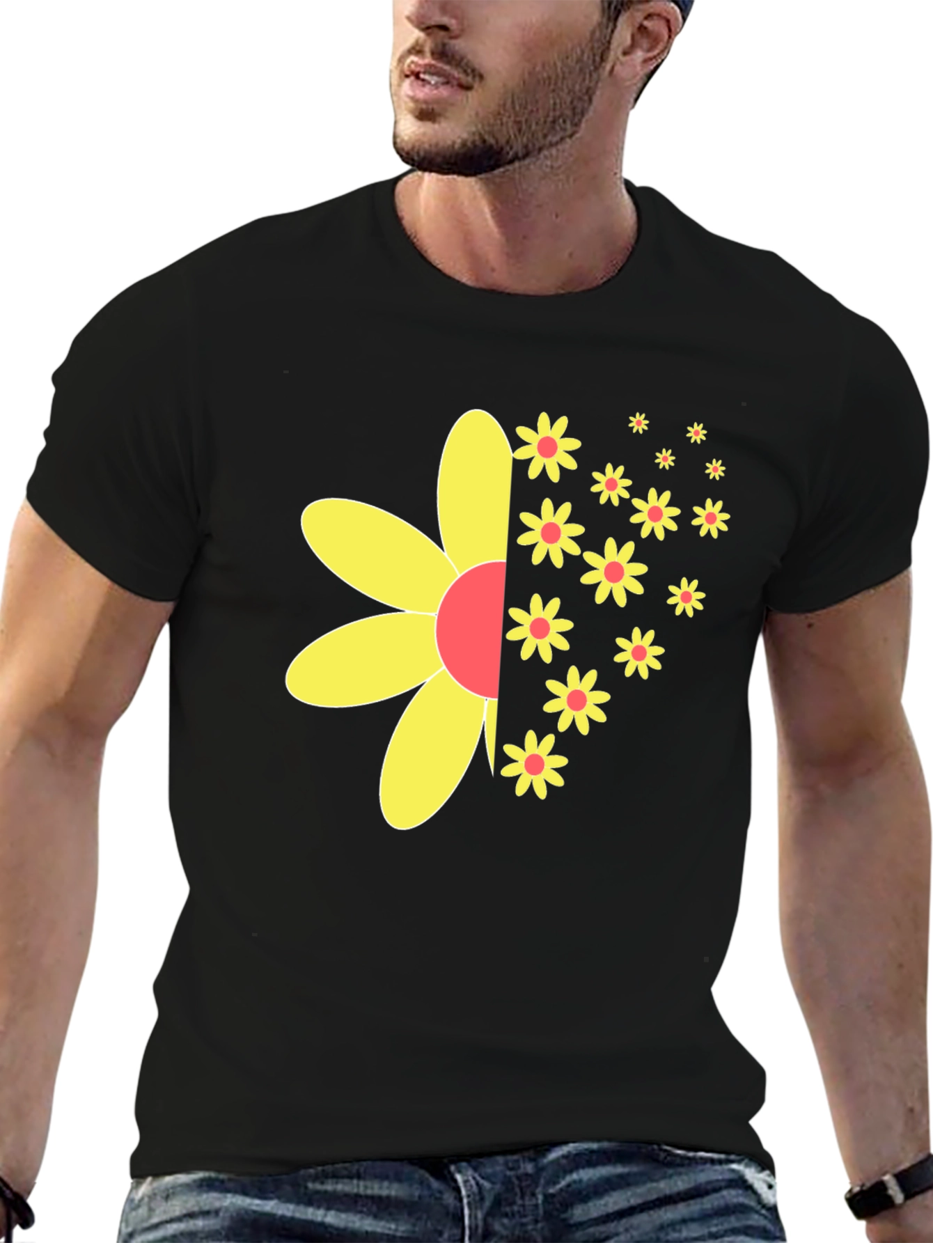 Black T-Shirt with Half-Flower Graphic