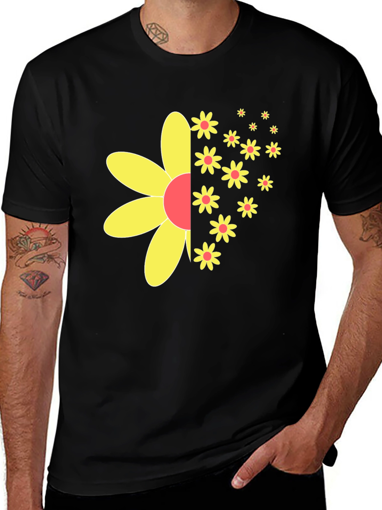 Black T-Shirt with Half-Flower Graphic
