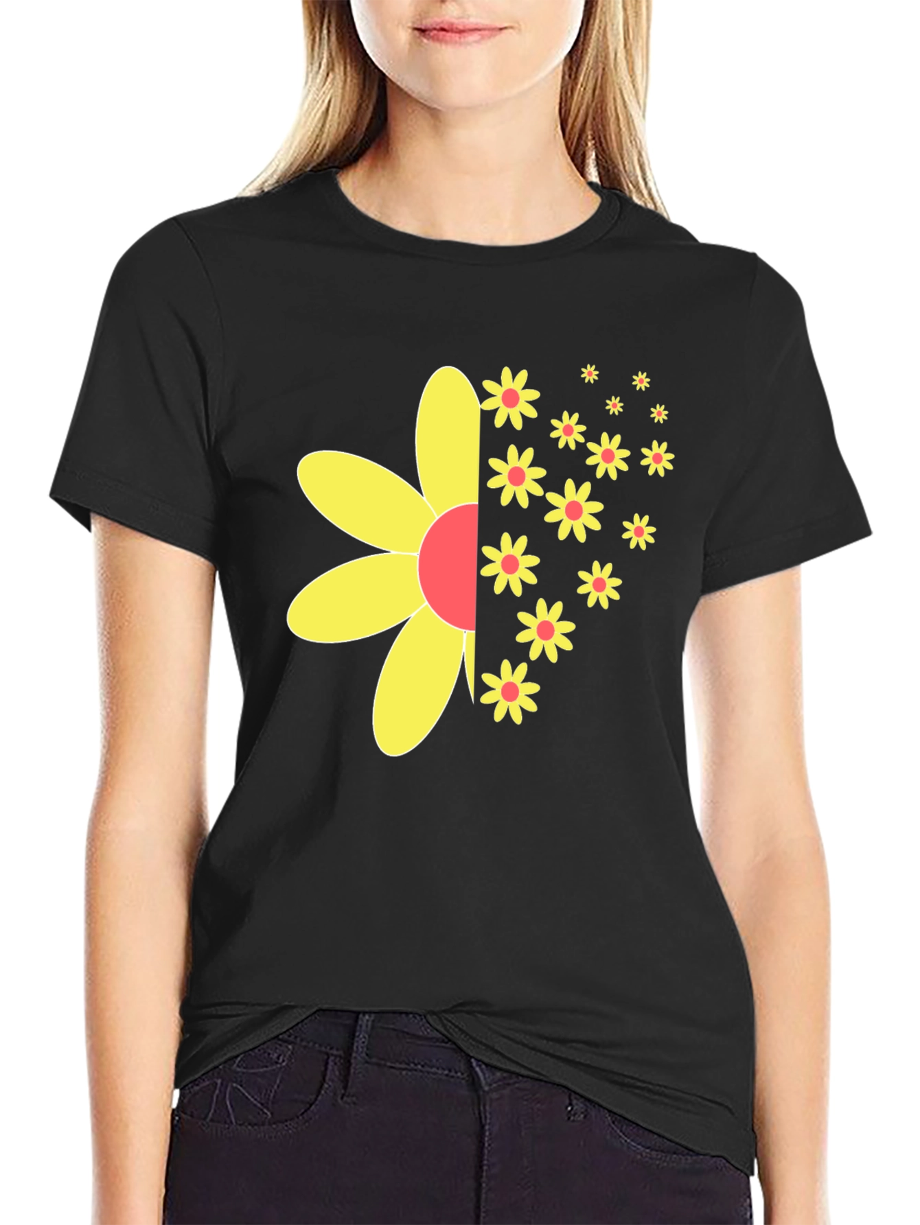 Black T-Shirt with Half-Flower Graphic