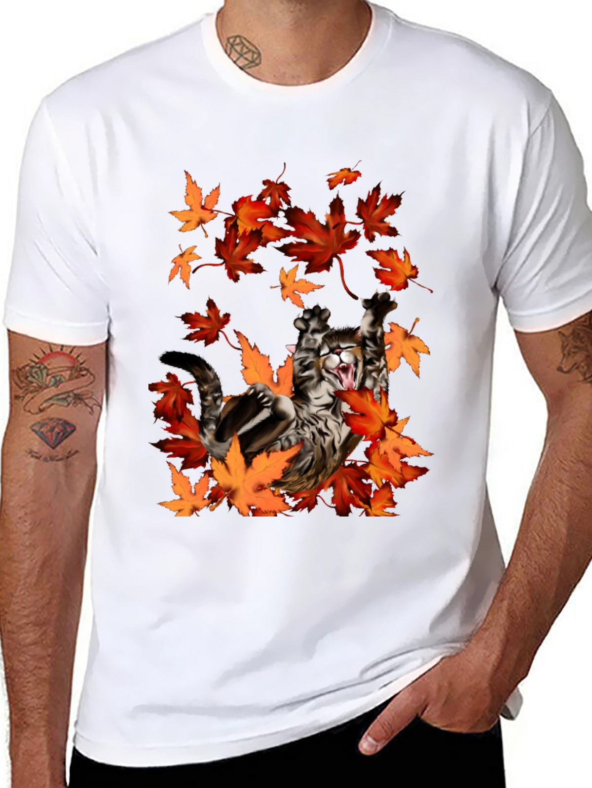 Cat in Autumn Leaves Black Graphic T-Shirt