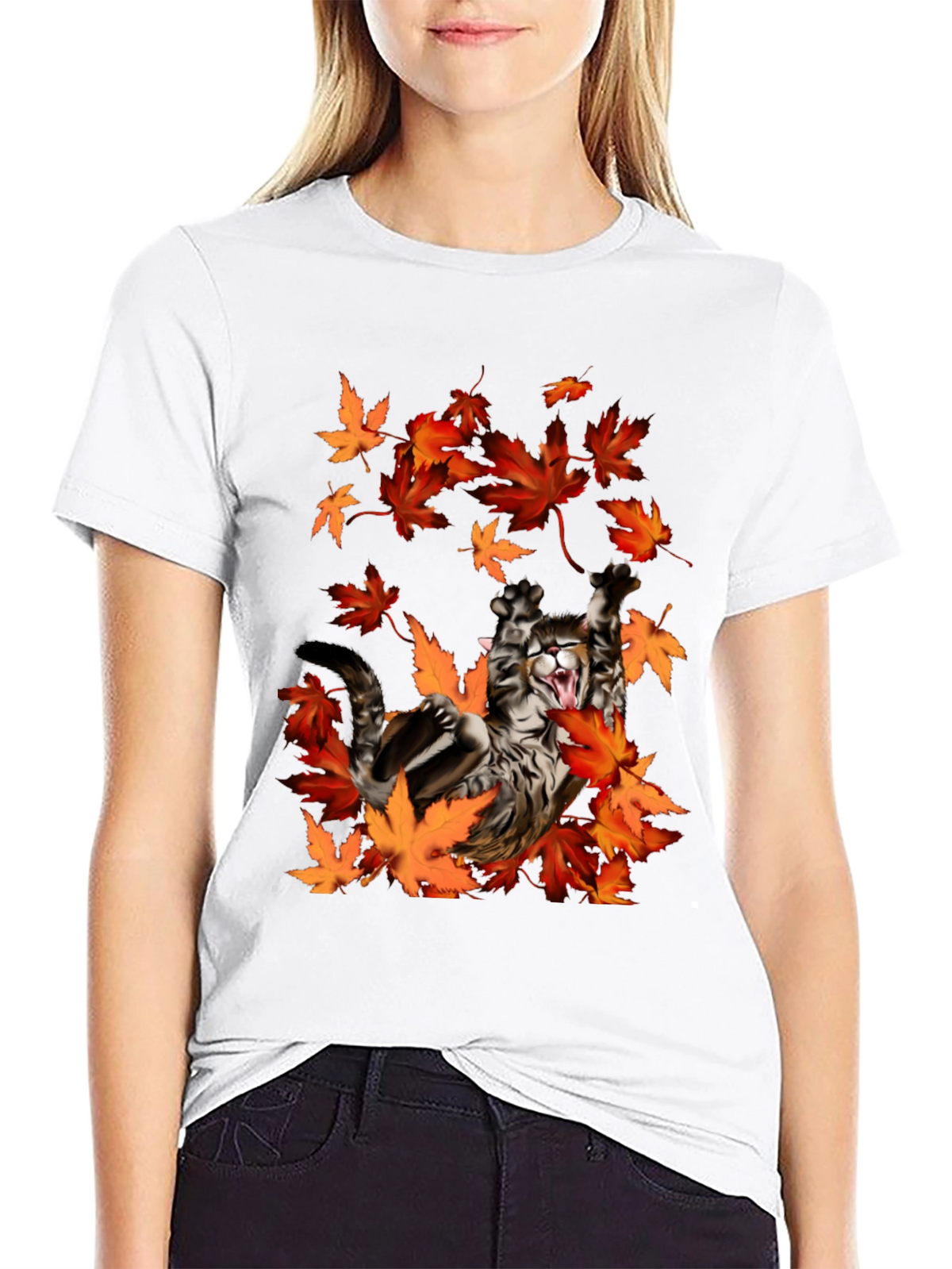 Cat in Autumn Leaves Black Graphic T-Shirt