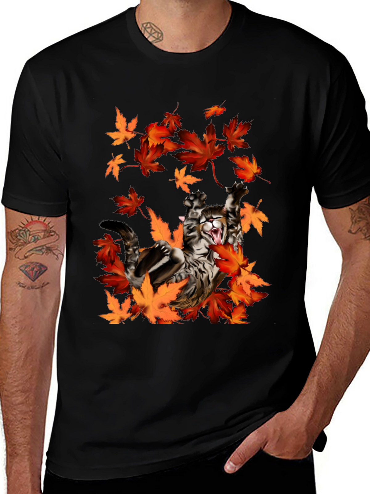Cat in Autumn Leaves Black Graphic T-Shirt