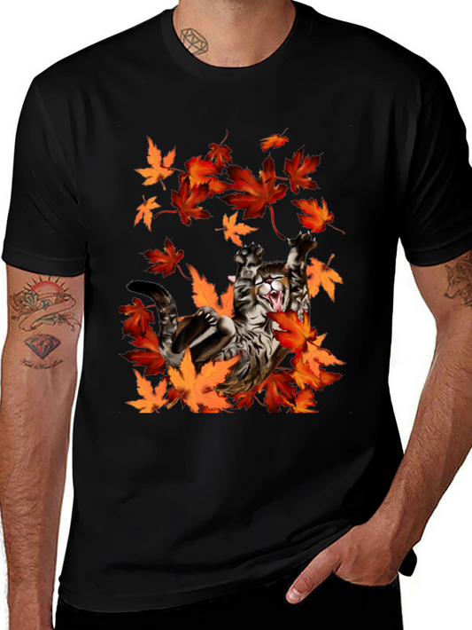 Cat in Autumn Leaves Black Graphic T-Shirt